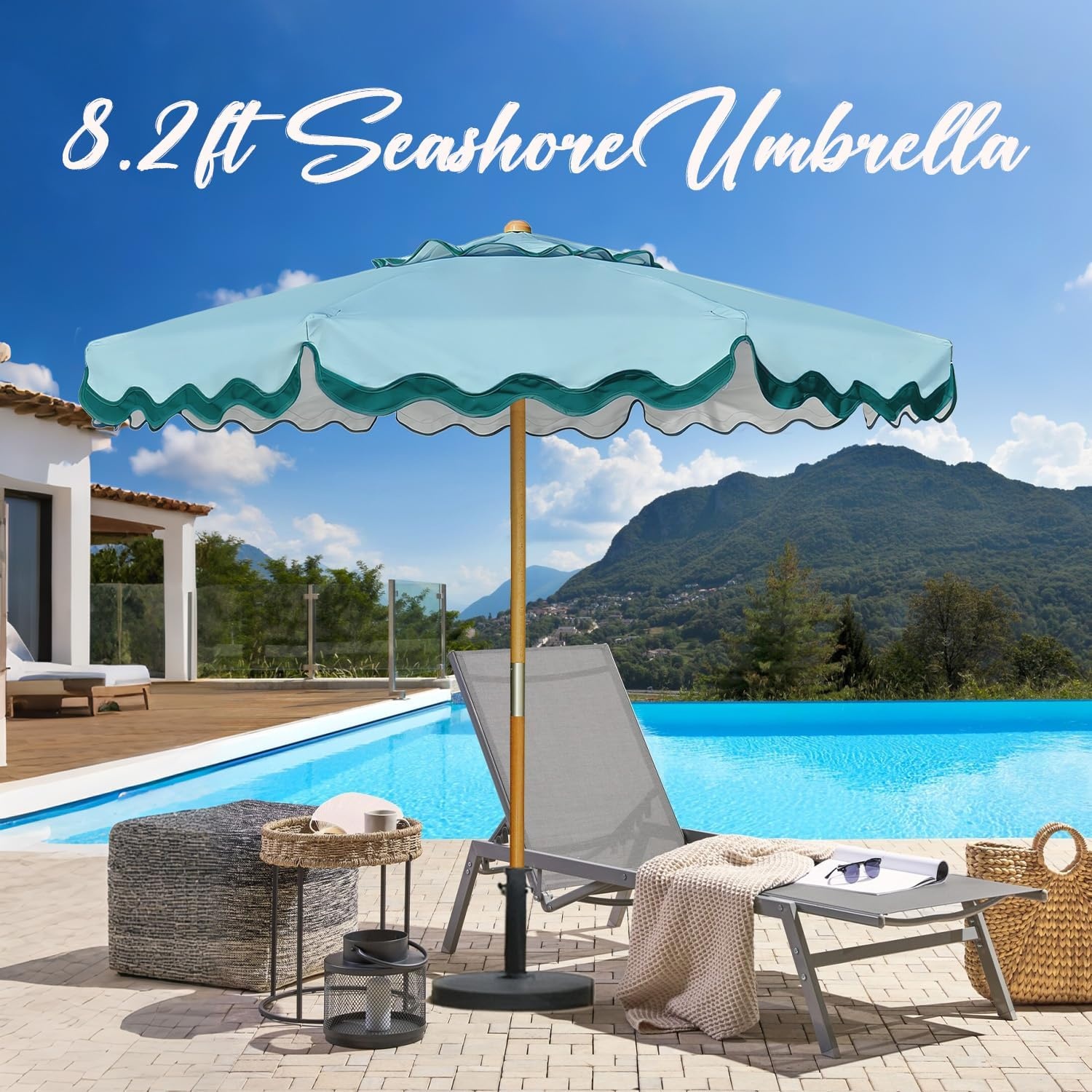 image:imageAMMSUN 82FT Vintage Wood Outdoor Patio Umbrella with a Handy Pulley System Premium Wooden Pole and Ribs HeavyDuty UPF 50 Waterproof Canvas a Smooth Pulley System for Effortless Opening and ClosingLagoon Turquoise