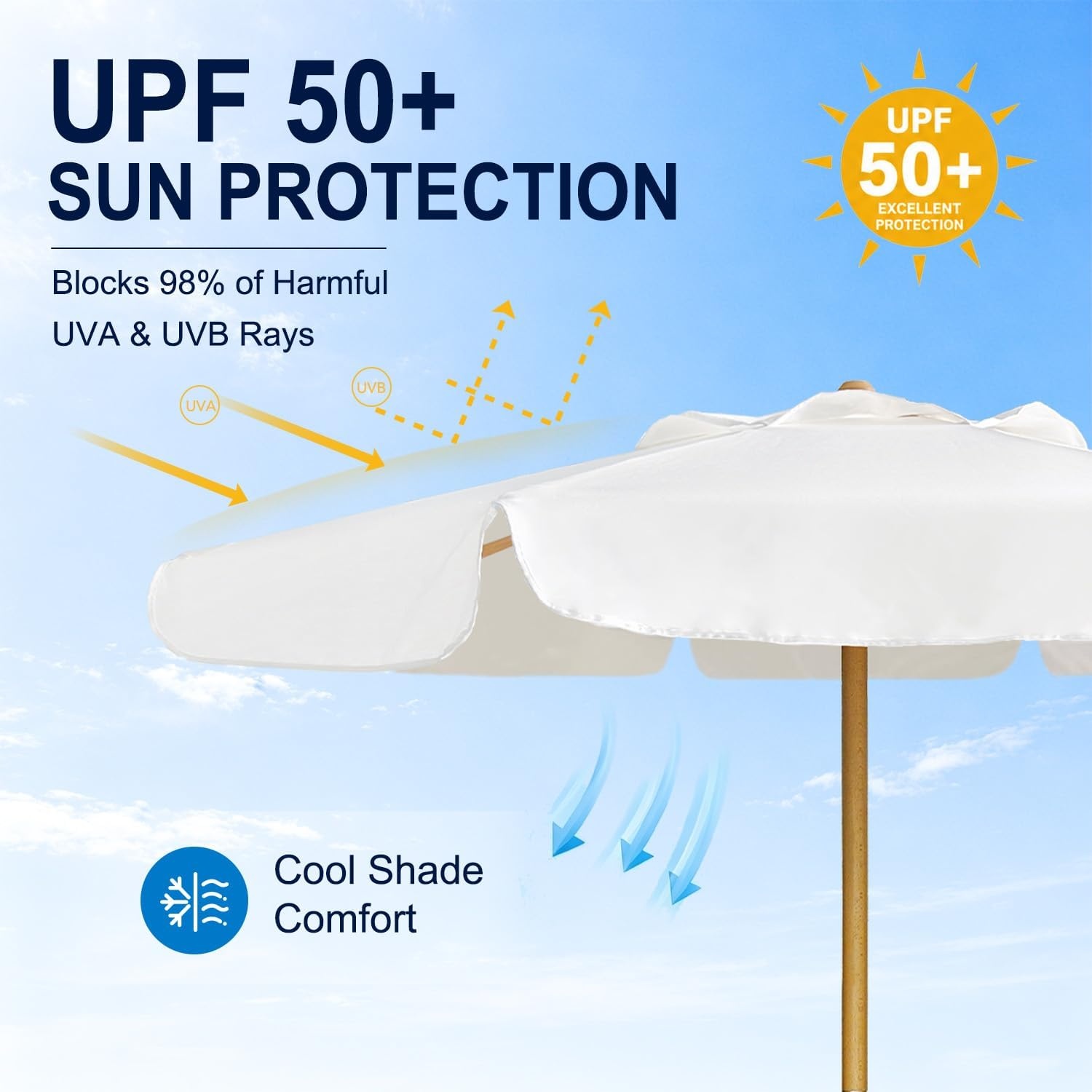 image:imageAMMSUN 82FT Vintage Wood Outdoor Patio Umbrella with a Handy Pulley System Premium Wooden Pole and Ribs HeavyDuty UPF 50 Waterproof Canvas a Smooth Pulley System for Effortless Opening and ClosingPristine White