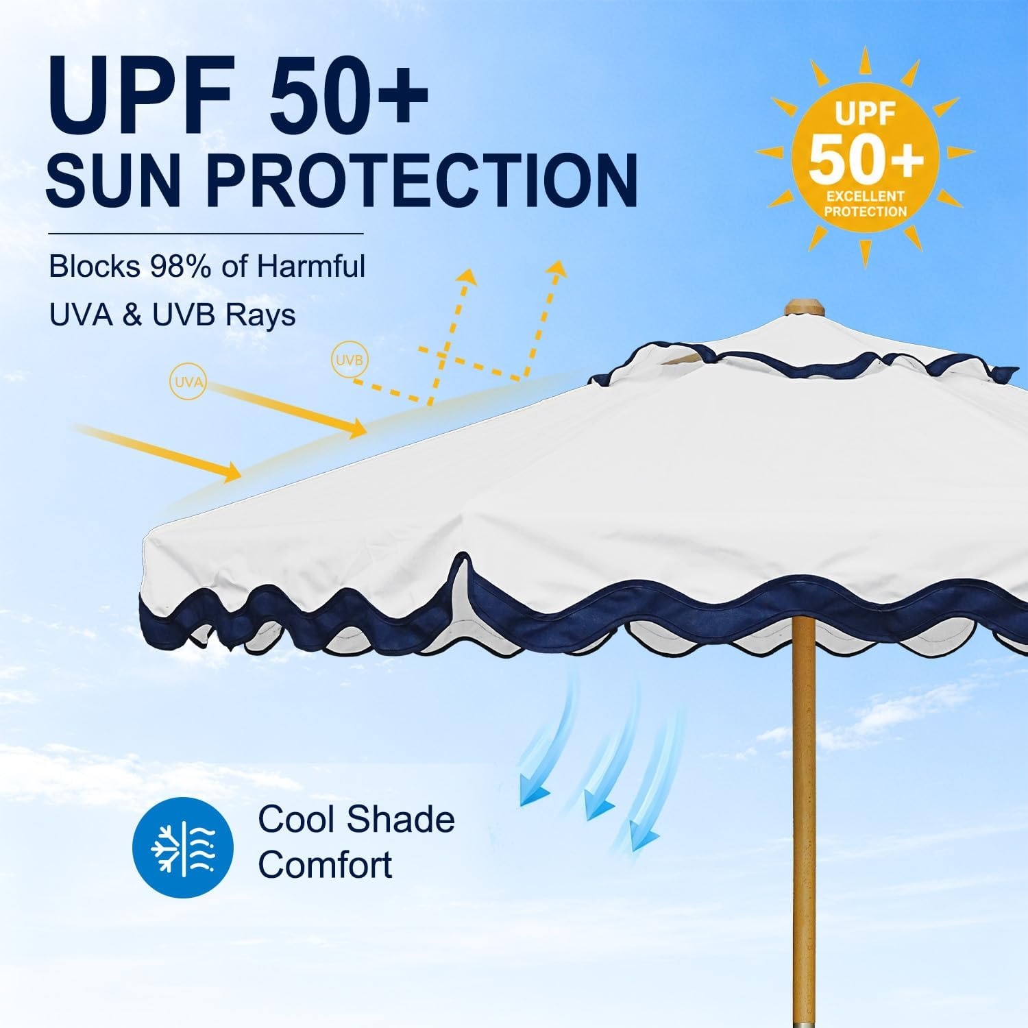image:imageAMMSUN 82FT Vintage Wood Outdoor Patio Umbrella with a Handy Pulley System Premium Wooden Pole and Ribs HeavyDuty UPF 50 Waterproof Canvas a Smooth Pulley System for Effortless Opening and ClosingNautical Ivory