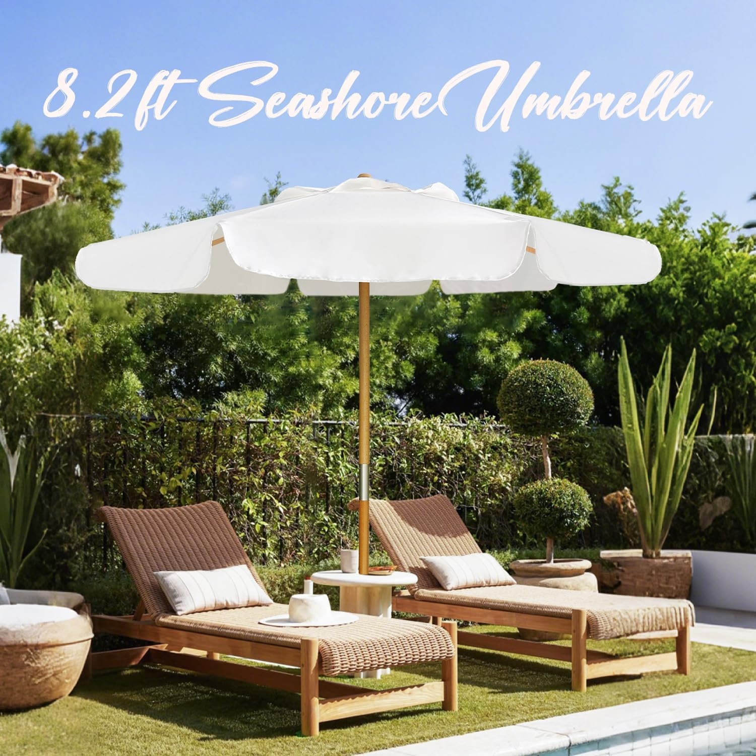 image:imageAMMSUN 82FT Vintage Wood Outdoor Patio Umbrella with a Handy Pulley System Premium Wooden Pole and Ribs HeavyDuty UPF 50 Waterproof Canvas a Smooth Pulley System for Effortless Opening and ClosingPristine White