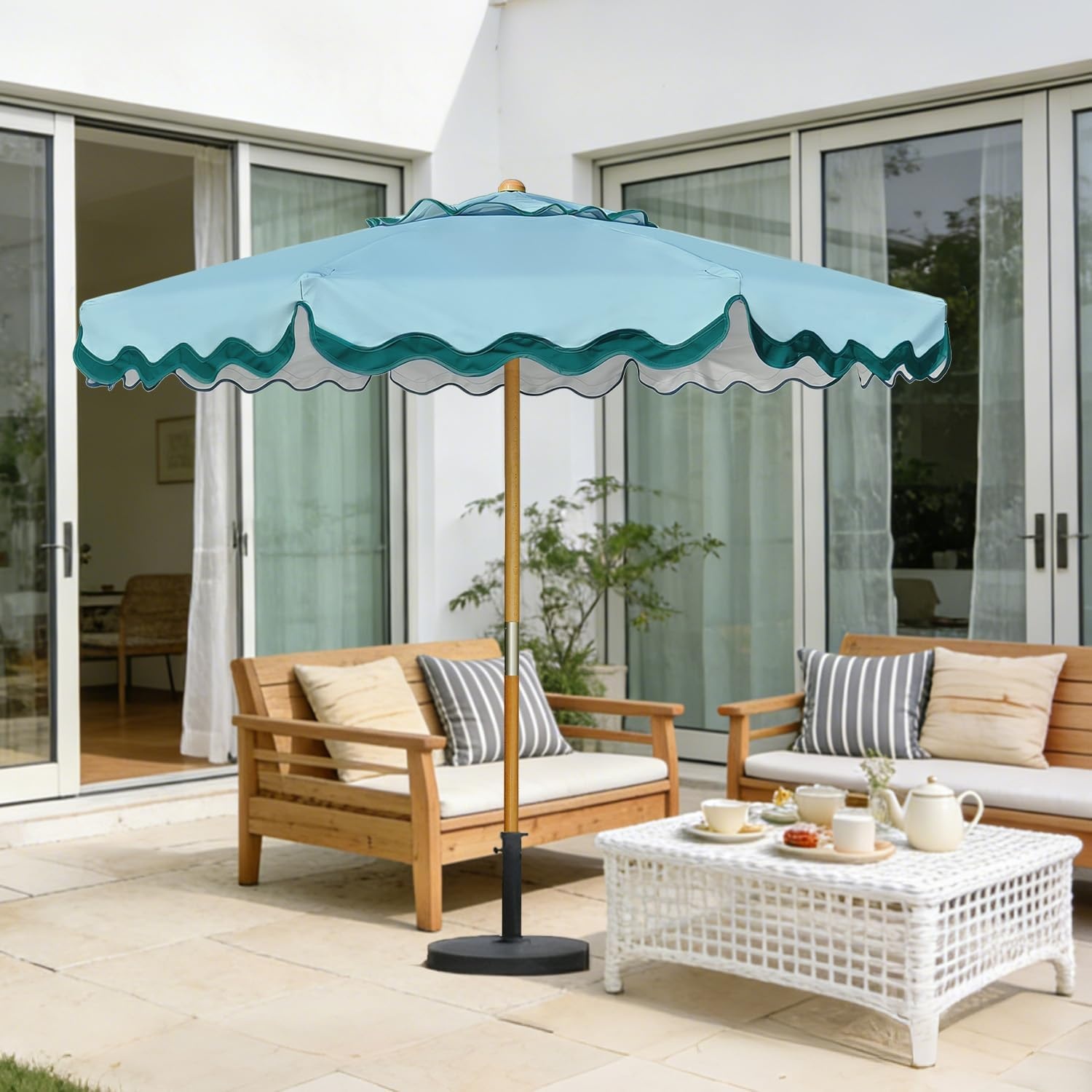 image:imageAMMSUN 82FT Vintage Wood Outdoor Patio Umbrella with a Handy Pulley System Premium Wooden Pole and Ribs HeavyDuty UPF 50 Waterproof Canvas a Smooth Pulley System for Effortless Opening and ClosingLagoon Turquoise