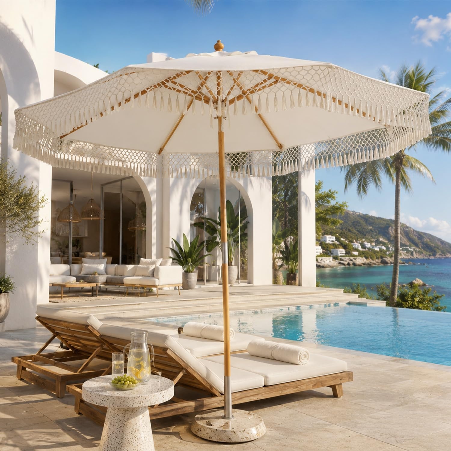 image:imageAMMSUN 85ft Boho Wood Patio Umbrella Market Umbrellas with Pulley Lift Luxury Handcrafted Tassel Heavy Duty Frame with Wood Pole amp Ribs UPF 50 Air VentPremium for Garden Pool Beach EventsNatural White