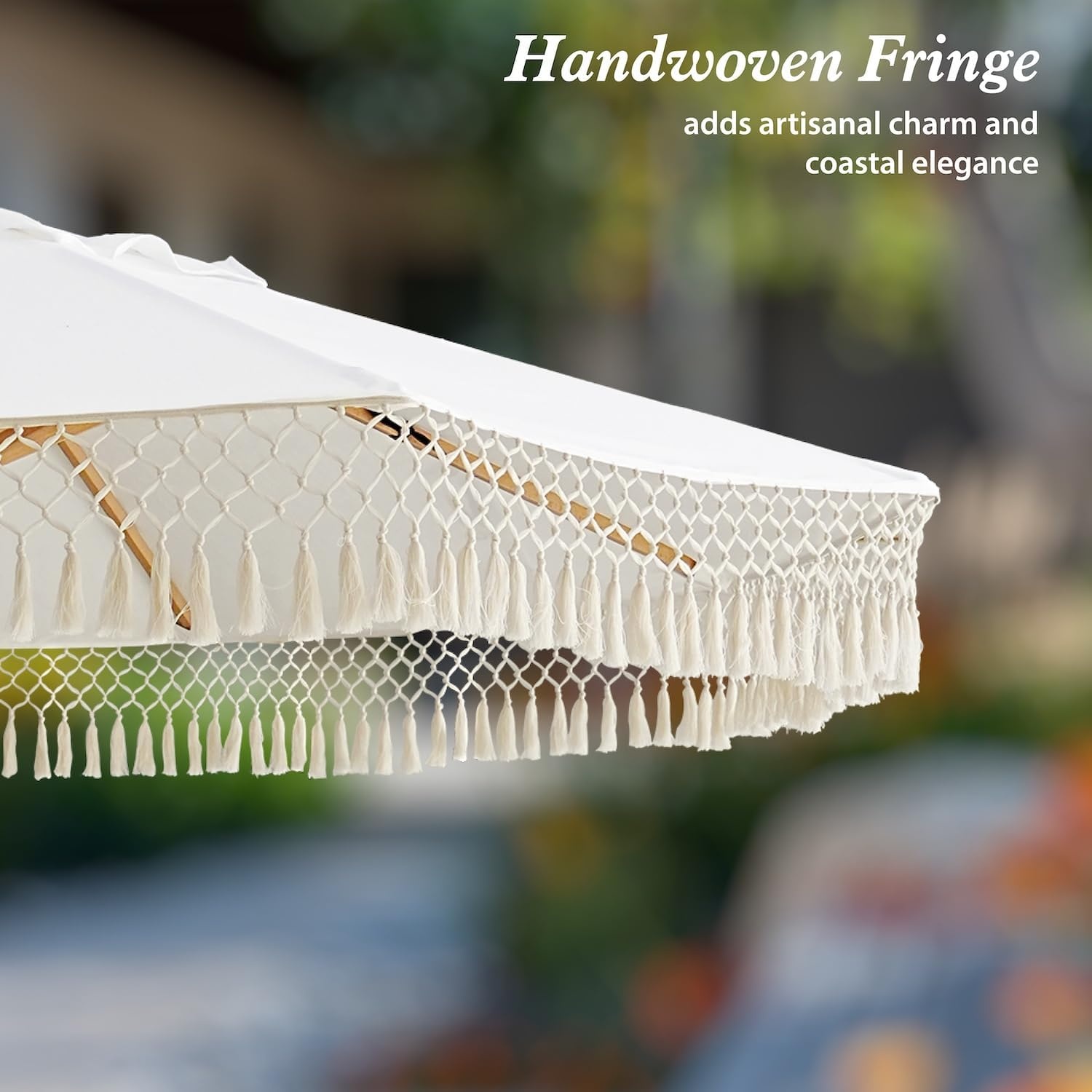 image:imageAMMSUN 85ft Boho Wood Patio Umbrella Market Umbrellas with Pulley Lift Luxury Handcrafted Tassel Heavy Duty Frame with Wood Pole amp Ribs UPF 50 Air VentPremium for Garden Pool Beach EventsNatural White