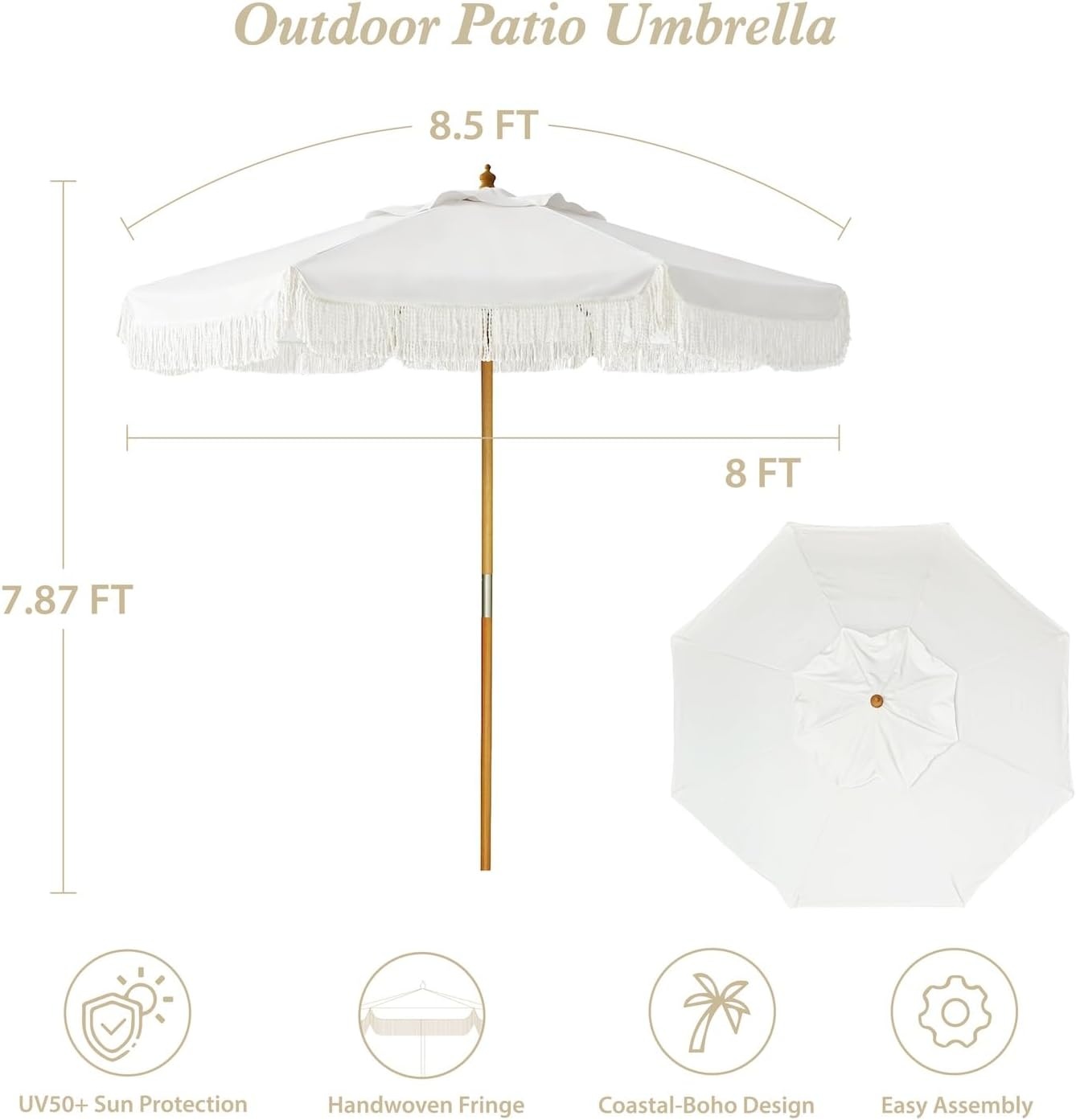image:imageAMMSUN 85ft Boho Wood Patio Umbrella Market Umbrellas with Pulley Lift Luxury Handcrafted Tassel Heavy Duty Frame with Wood Pole amp Ribs UPF 50 Air VentPremium for Garden Pool Beach EventsNatural Cloud White