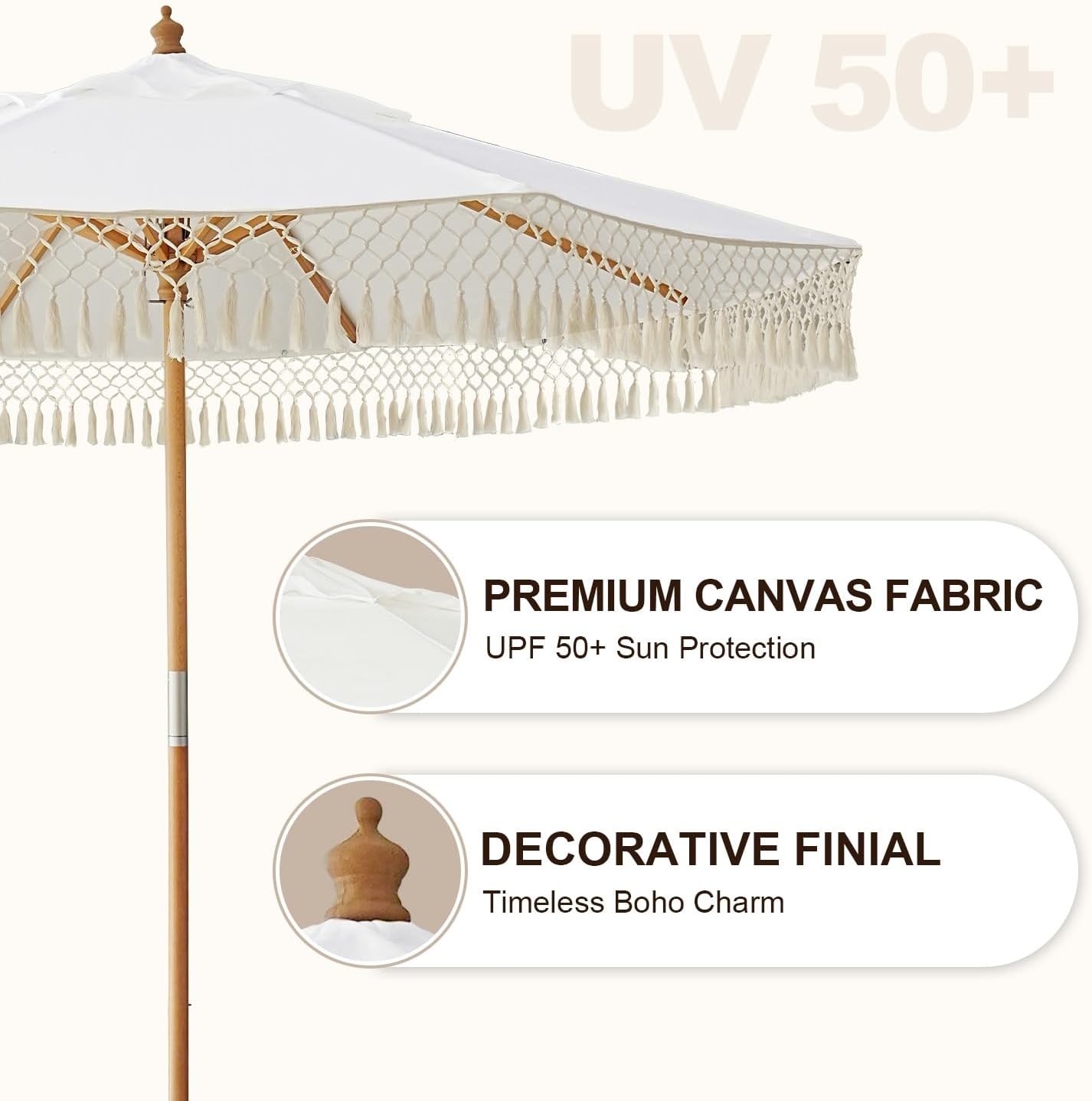 image:imageAMMSUN 85ft Boho Wood Patio Umbrella Market Umbrellas with Pulley Lift Luxury Handcrafted Tassel Heavy Duty Frame with Wood Pole amp Ribs UPF 50 Air VentPremium for Garden Pool Beach EventsNatural White