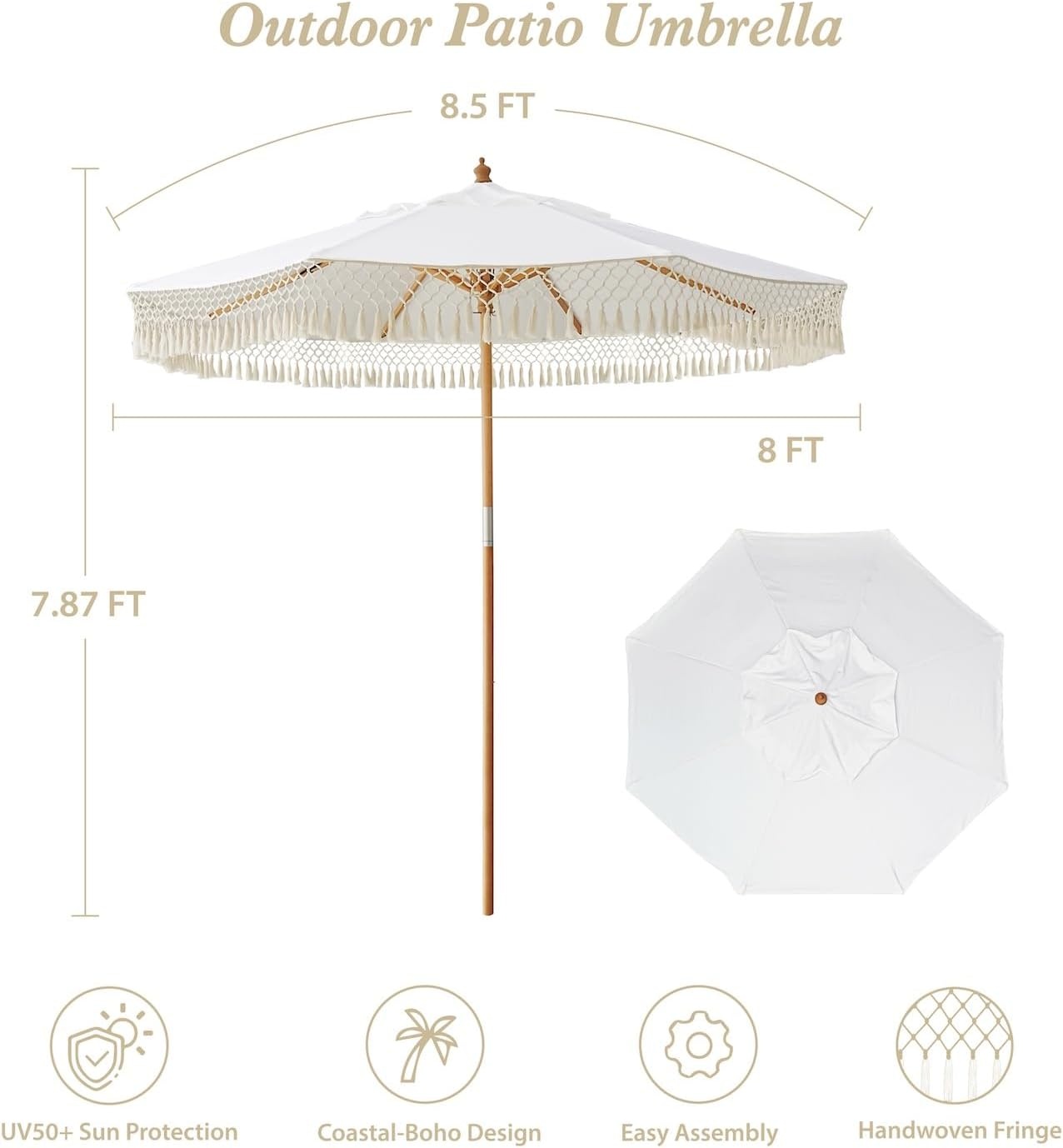 image:imageAMMSUN 85ft Boho Wood Patio Umbrella Market Umbrellas with Pulley Lift Luxury Handcrafted Tassel Heavy Duty Frame with Wood Pole amp Ribs UPF 50 Air VentPremium for Garden Pool Beach EventsNatural White