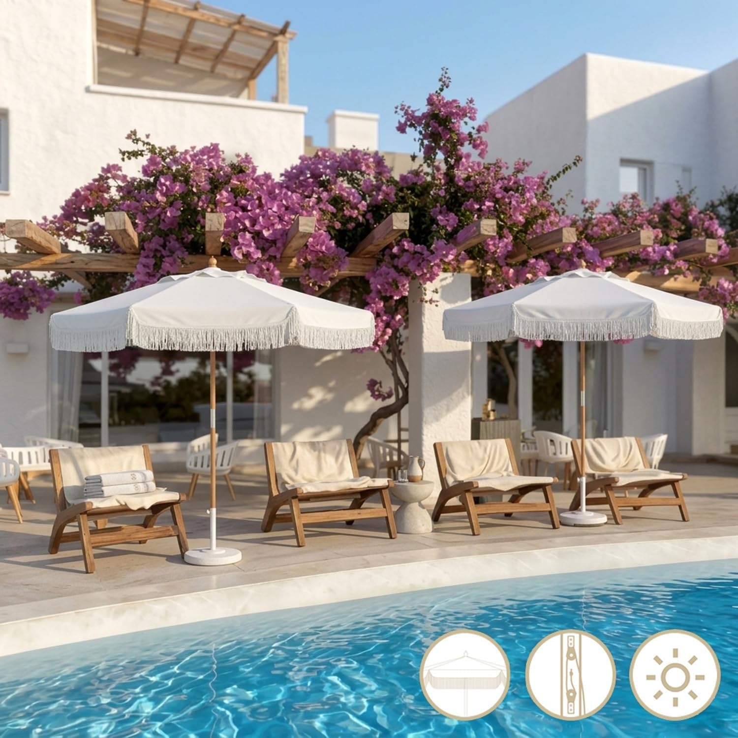 image:imageAMMSUN 85ft Boho Wood Patio Umbrella Market Umbrellas with Pulley Lift Luxury Handcrafted Tassel Heavy Duty Frame with Wood Pole amp Ribs UPF 50 Air VentPremium for Garden Pool Beach EventsNatural Cloud White