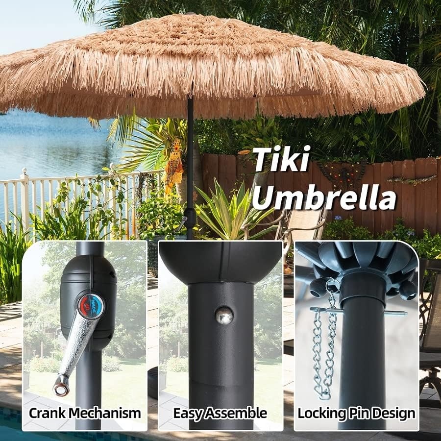 image:imageAMMSUN 9ft Hula Thatched Tiki Umbrella Hawaiian Style Beach Patio Umbrella and 8 Ribs with Crank Lift UPF 50 Outdoor Tiki Bar Tropical Palapa Patio Garden Beach Pool Backyard Natural Color