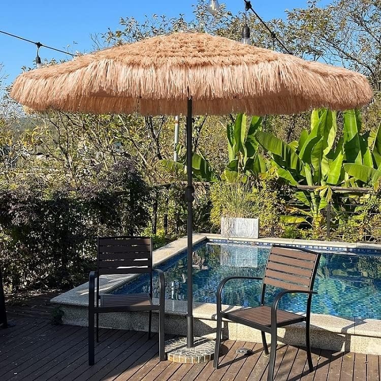 image:imageAMMSUN 9ft Hula Thatched Tiki Umbrella Hawaiian Style Beach Patio Umbrella and 8 Ribs with Crank Lift UPF 50 Outdoor Tiki Bar Tropical Palapa Patio Garden Beach Pool Backyard Natural Color