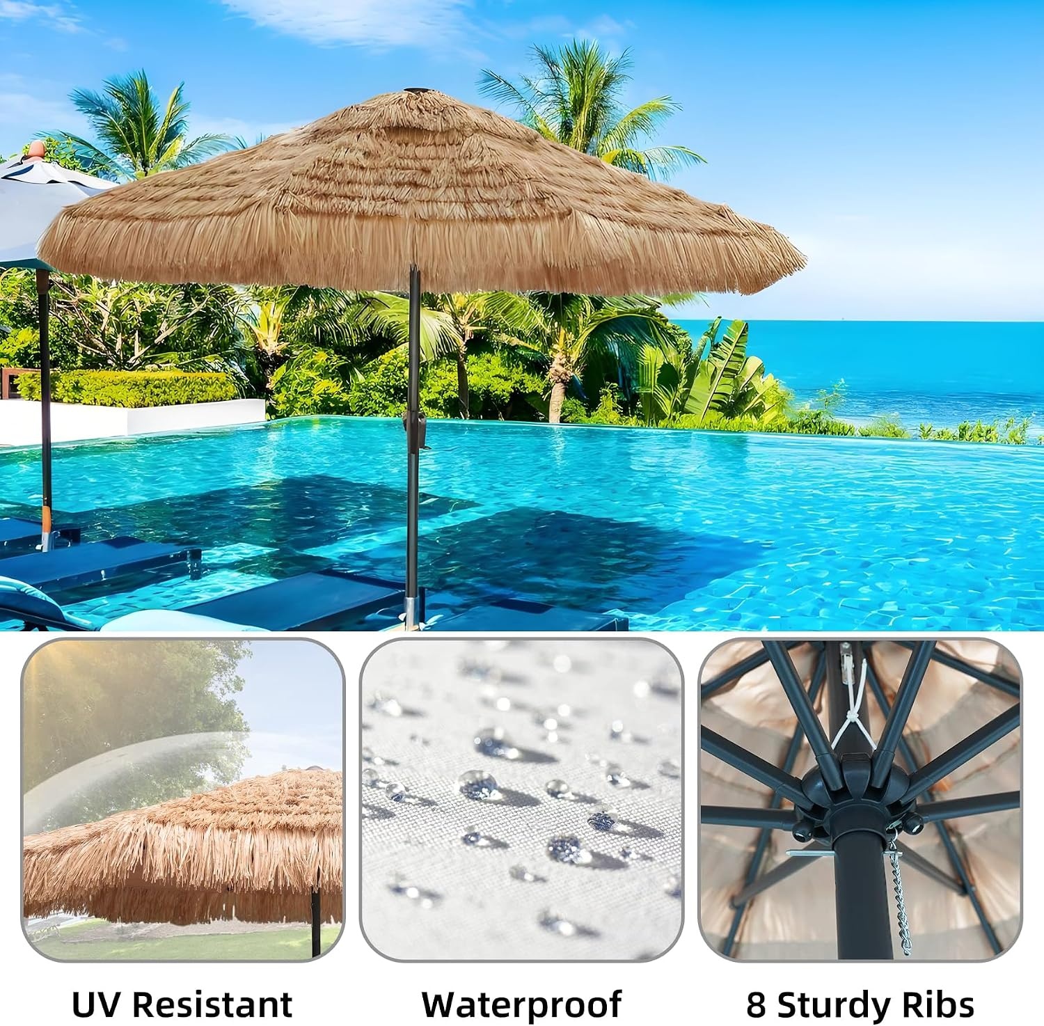 image:imageAMMSUN 9ft Hula Thatched Tiki Umbrella Hawaiian Style Beach Patio Umbrella and 8 Ribs with Crank Lift UPF 50 Outdoor Tiki Bar Tropical Palapa Patio Garden Beach Pool Backyard Natural Color