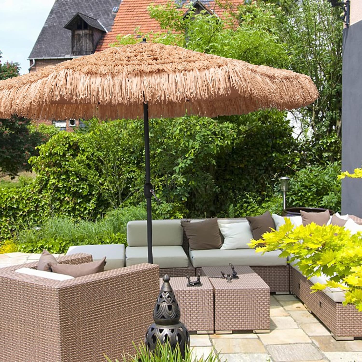 image:imageAMMSUN 9ft Hula Thatched Tiki Umbrella Hawaiian Style Beach Patio Umbrella and 8 Ribs with Crank Lift UPF 50 Outdoor Tiki Bar Tropical Palapa Patio Garden Beach Pool Backyard Natural Color