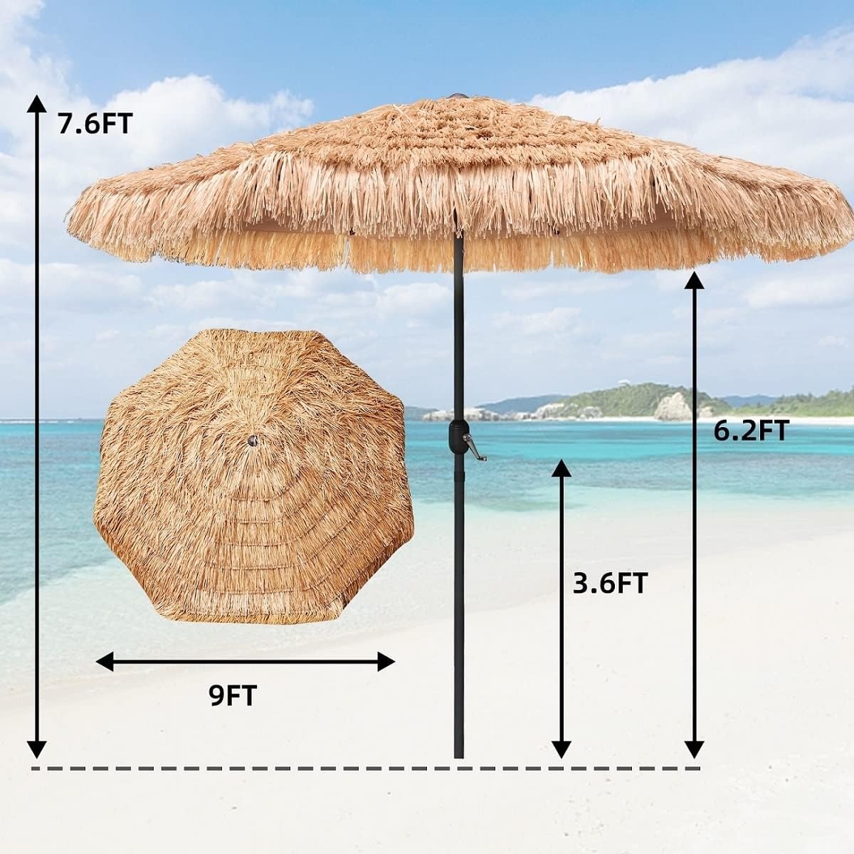 image:imageAMMSUN 9ft Hula Thatched Tiki Umbrella Hawaiian Style Beach Patio Umbrella and 8 Ribs with Crank Lift UPF 50 Outdoor Tiki Bar Tropical Palapa Patio Garden Beach Pool Backyard Natural Color