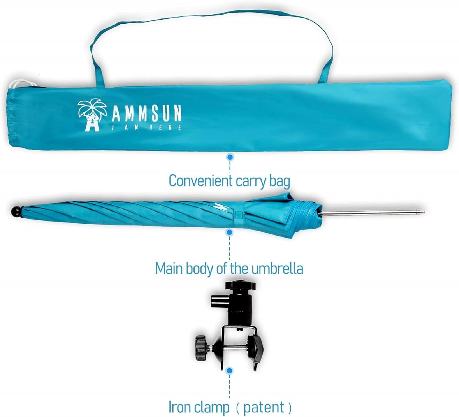image:imageAMMSUN Chair Umbrella with Universal Clamp 43 inches UPF 50Portable Clamp on Patio Beach Stroller Sport chair Wheelchair and Wagon Bright Blue