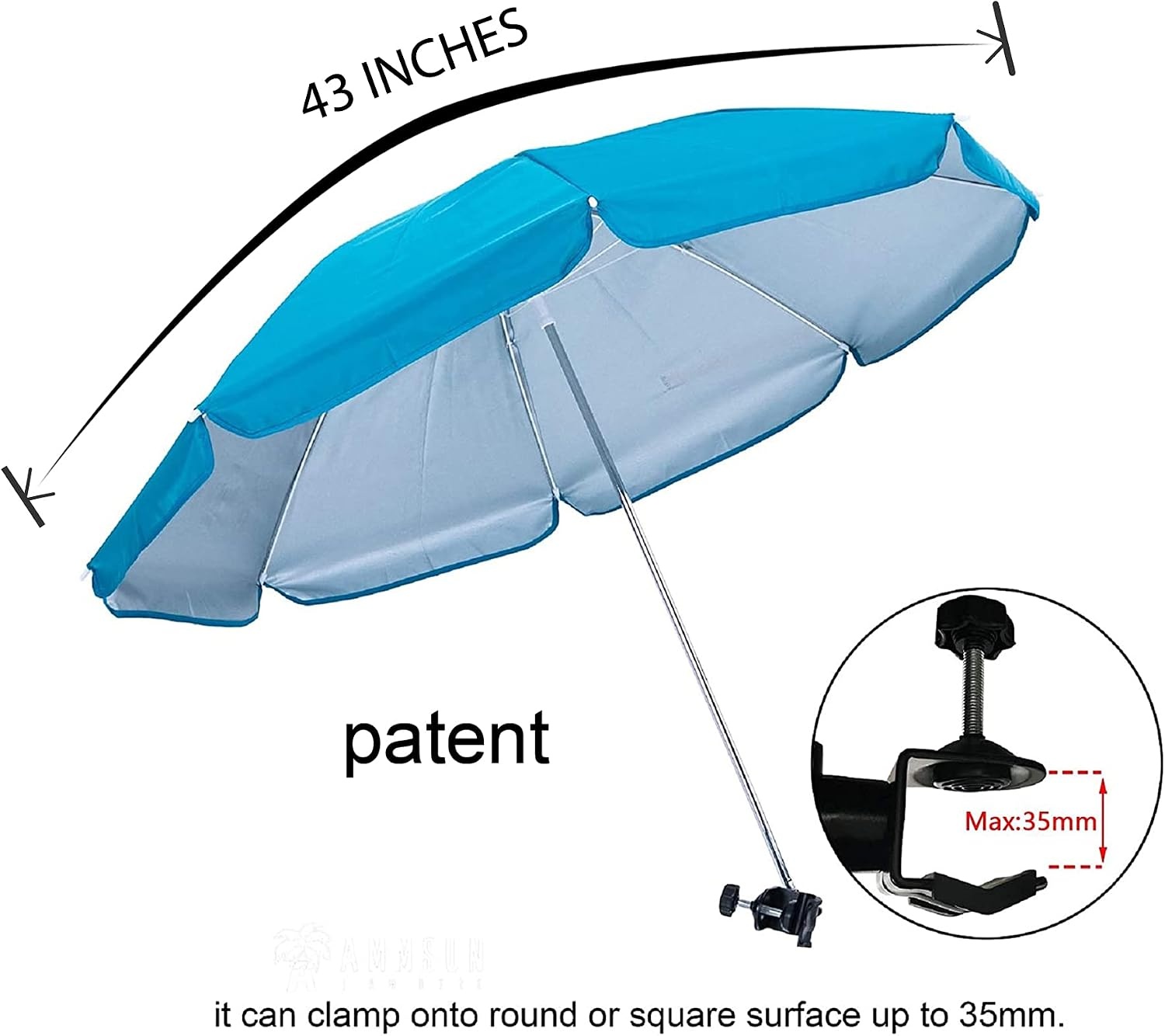 image:imageAMMSUN Chair Umbrella with Universal Clamp 43 inches UPF 50Portable Clamp on Patio Beach Stroller Sport chair Wheelchair and Wagon Bright Blue