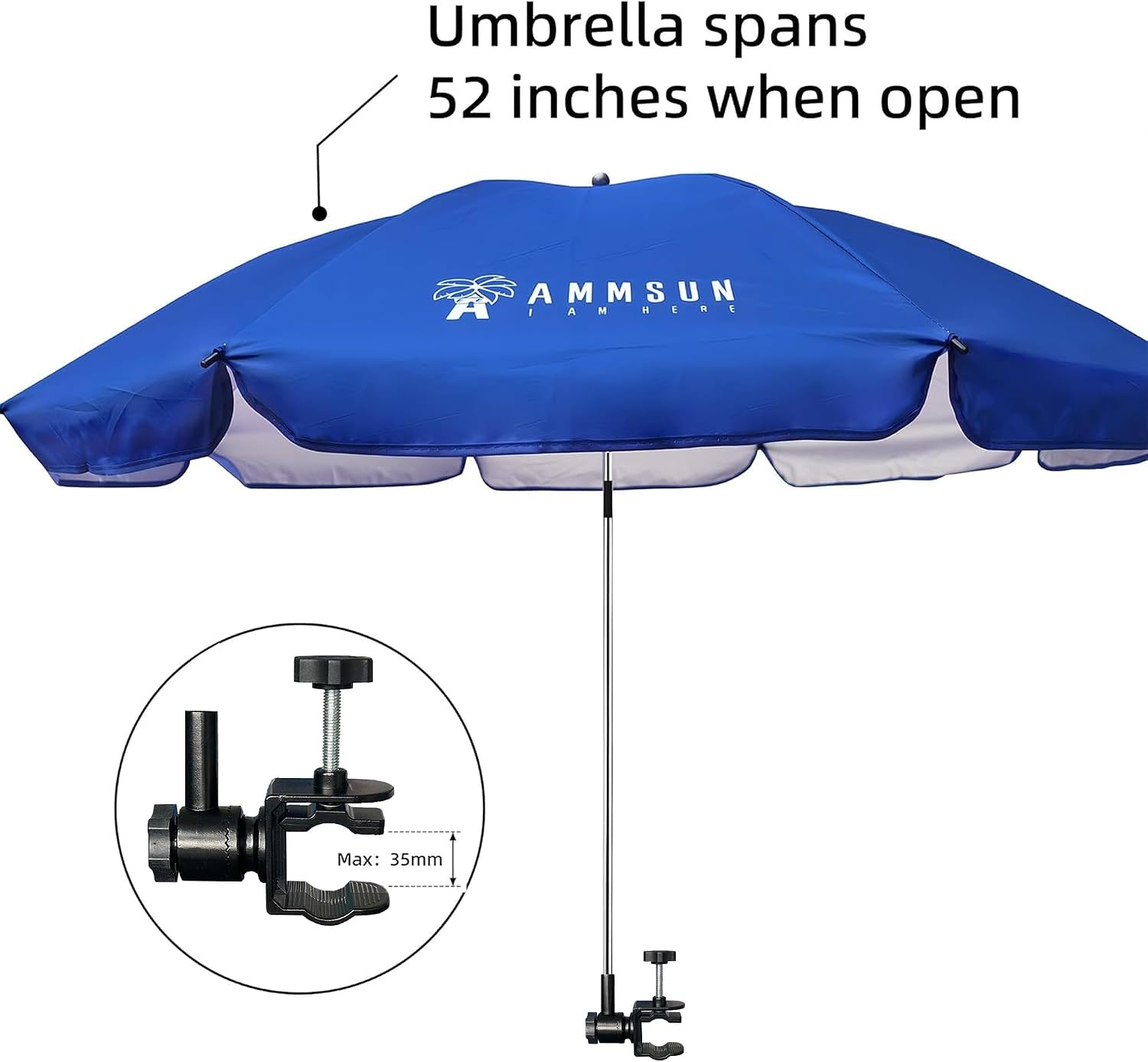 image:imageAMMSUN XL Chair Umbrella with Universal Clamp Adjustable 47 inches and 360degree Swivel UPF 50 Portable Clamp on Camping or Beach Chair Stroller Wheelchair Golf cart Bright Blue LargesizedNavy
