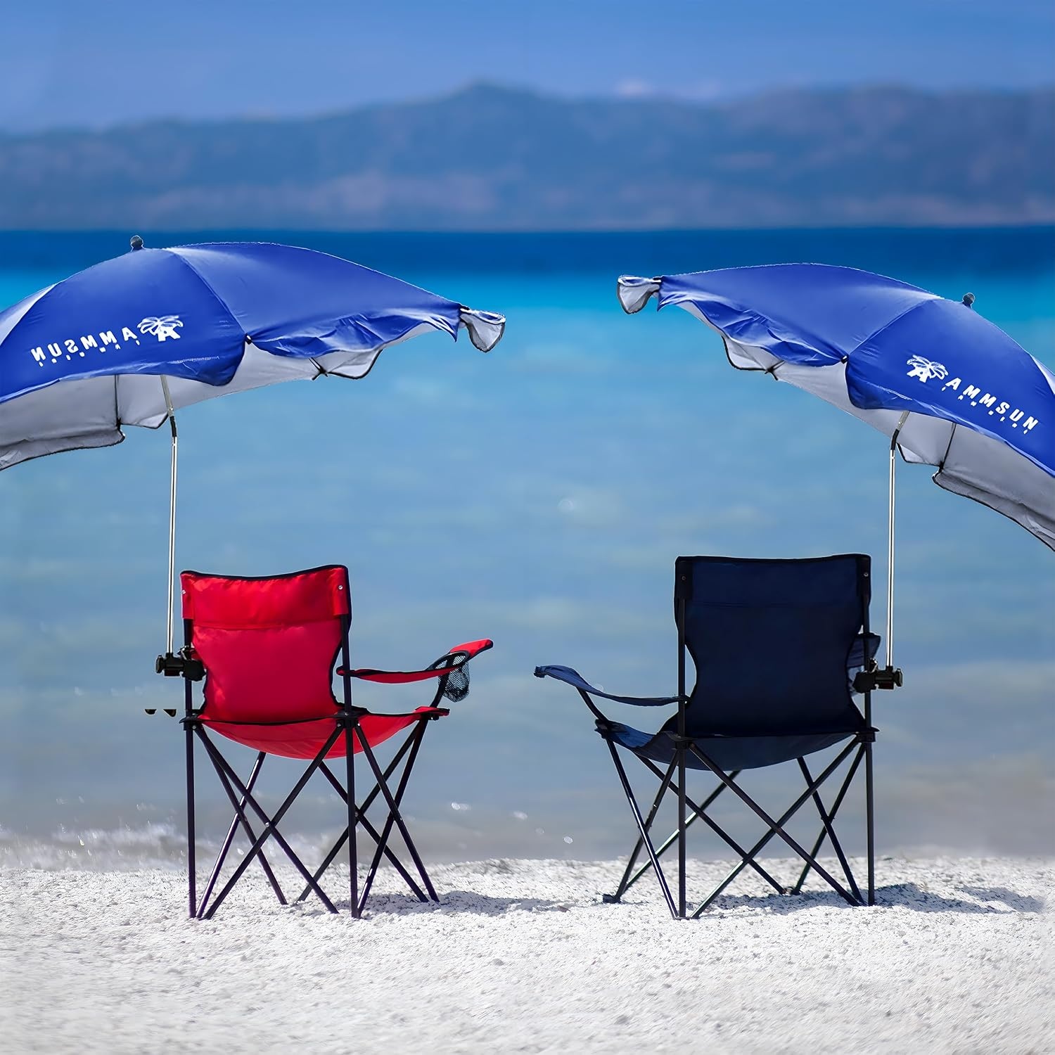 image:imageAMMSUN XL Chair Umbrella with Universal Clamp Adjustable 47 inches and 360degree Swivel UPF 50 Portable Clamp on Camping or Beach Chair Stroller Wheelchair Golf cart Bright Blue LargesizedBlue2 PACK