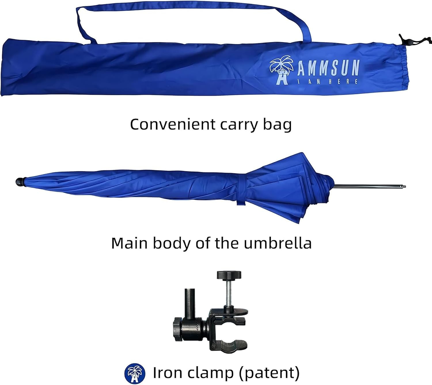 image:imageAMMSUN XL Chair Umbrella with Universal Clamp Adjustable 47 inches and 360degree Swivel UPF 50 Portable Clamp on Camping or Beach Chair Stroller Wheelchair Golf cart Bright Blue LargesizedNavy