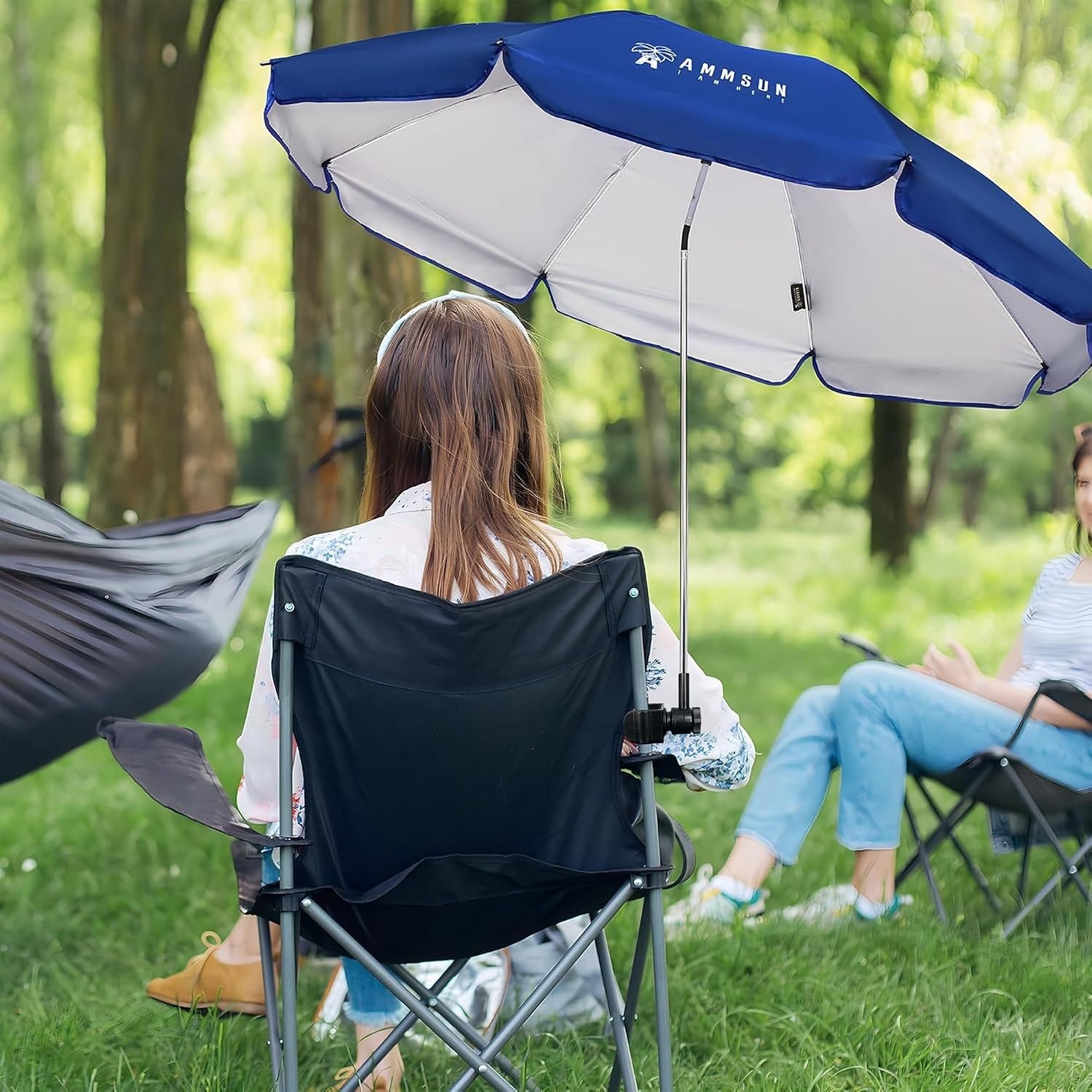 image:imageAMMSUN XL Chair Umbrella with Universal Clamp Adjustable 47 inches and 360degree Swivel UPF 50 Portable Clamp on Camping or Beach Chair Stroller Wheelchair Golf cart Bright Blue LargesizedNavy