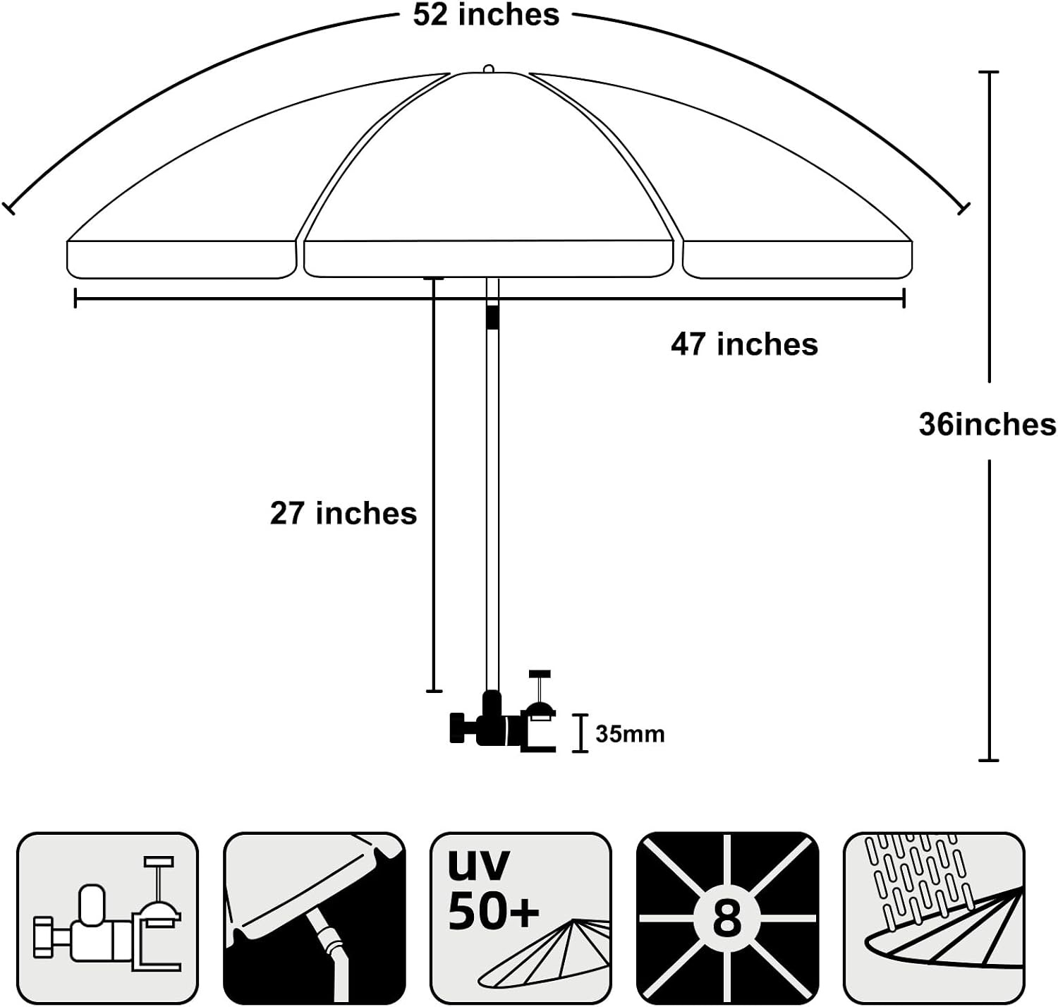 image:imageAMMSUN XL Chair Umbrella with Universal Clamp Adjustable 47 inches and 360degree Swivel UPF 50 Portable Clamp on Camping or Beach Chair Stroller Wheelchair Golf cart Bright Blue LargesizedLight Beige