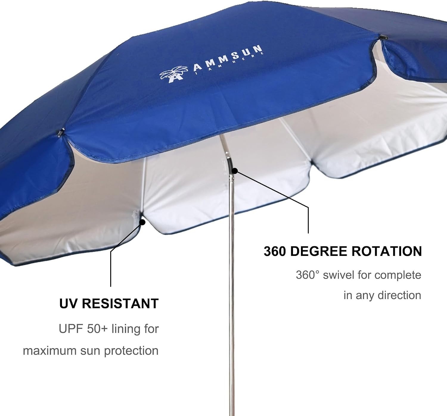 image:imageAMMSUN XL Chair Umbrella with Universal Clamp Adjustable 47 inches and 360degree Swivel UPF 50 Portable Clamp on Camping or Beach Chair Stroller Wheelchair Golf cart Bright Blue LargesizedNavy