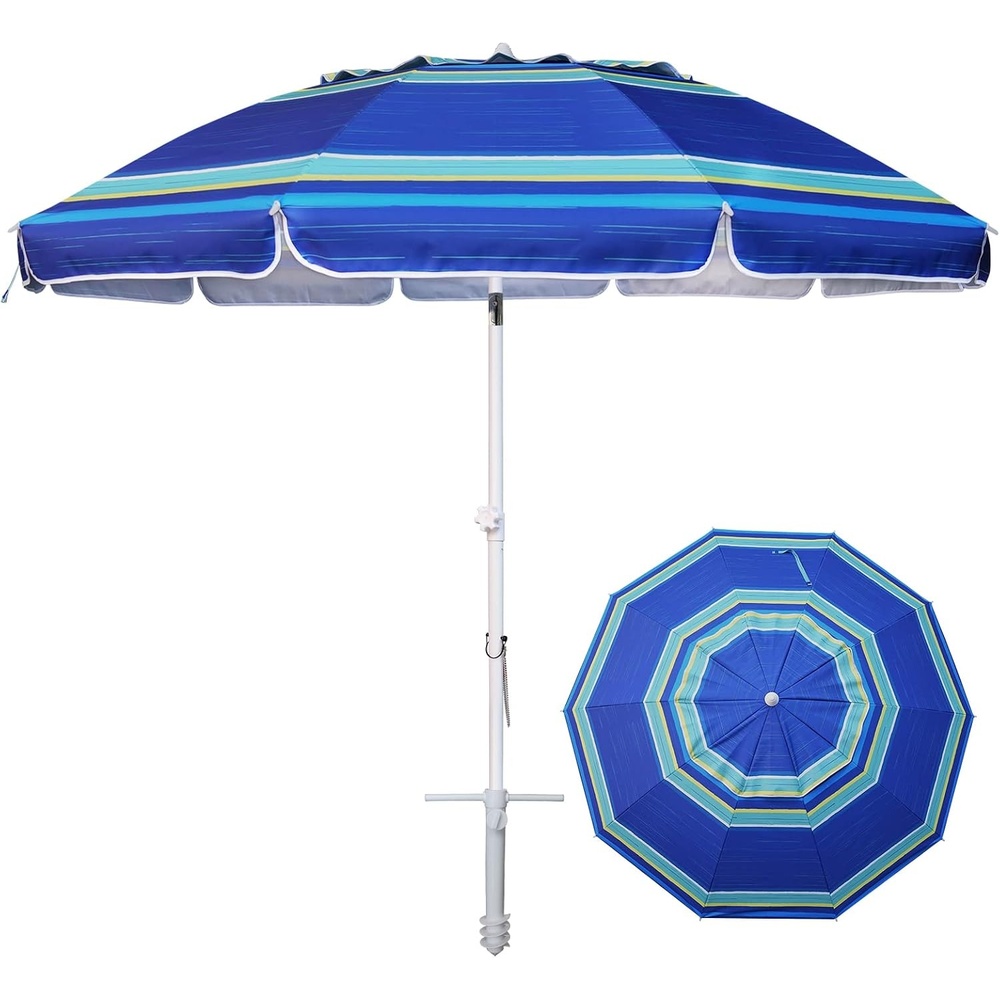 image:imageAMMSUN 8 Feet Large Beach Umbrella with Sand Anchor Heavy Duty High Wind Portable Outdoor Umbrellas UV 50 Protection Air Vent Tilt Patio Garden PoolBlue Stripe