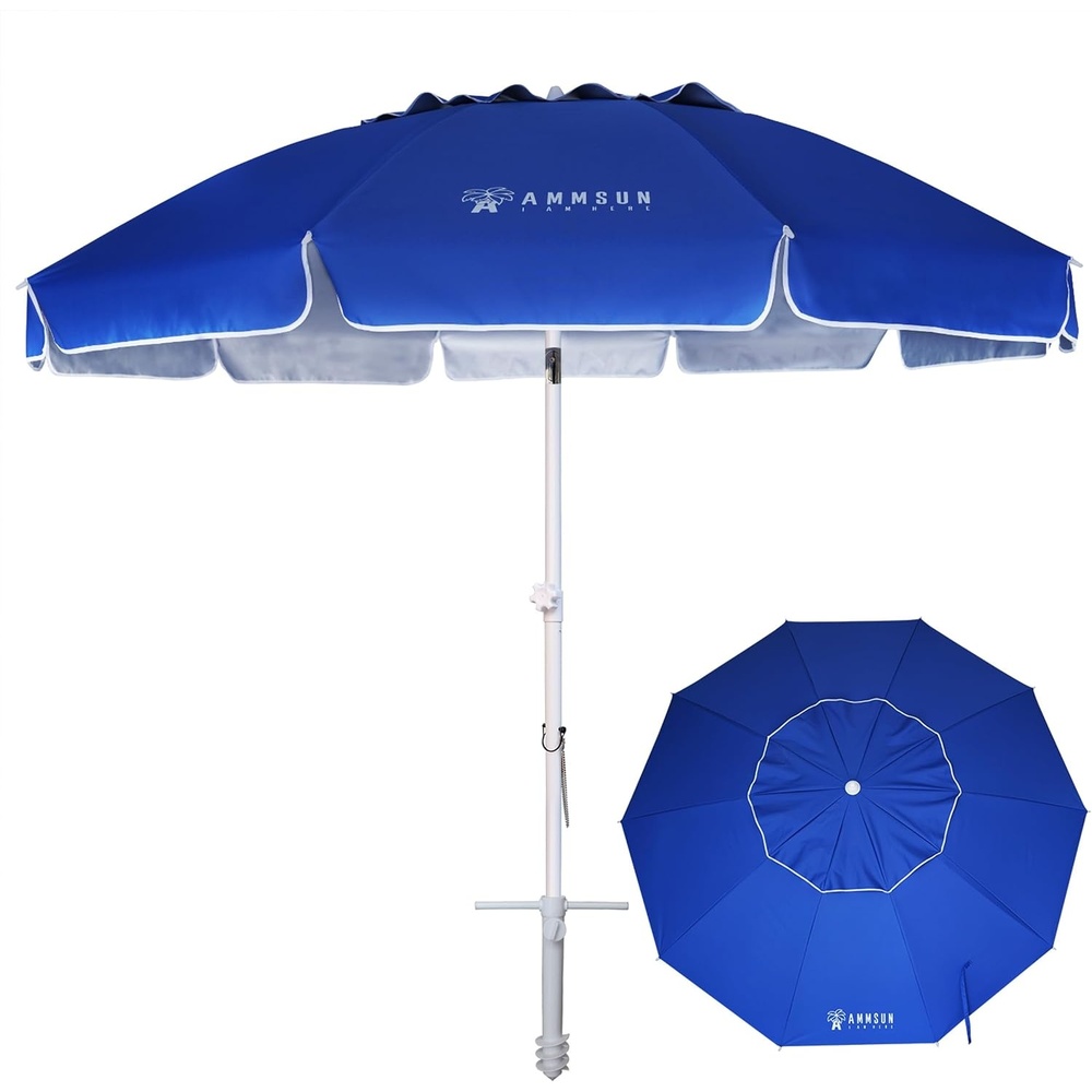 image:imageAMMSUN 8 Feet Large Beach Umbrella with Sand Anchor Heavy Duty High Wind Portable Outdoor Umbrellas UV 50 Protection Air Vent Tilt Patio Garden PoolBlue