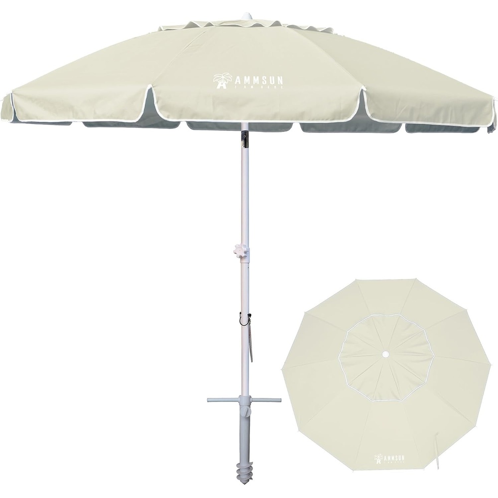image:imageAMMSUN 8 Feet Large Beach Umbrella with Sand Anchor Heavy Duty High Wind Portable Outdoor Umbrellas UV 50 Protection Air Vent Tilt Patio Garden PoolCream Khaki