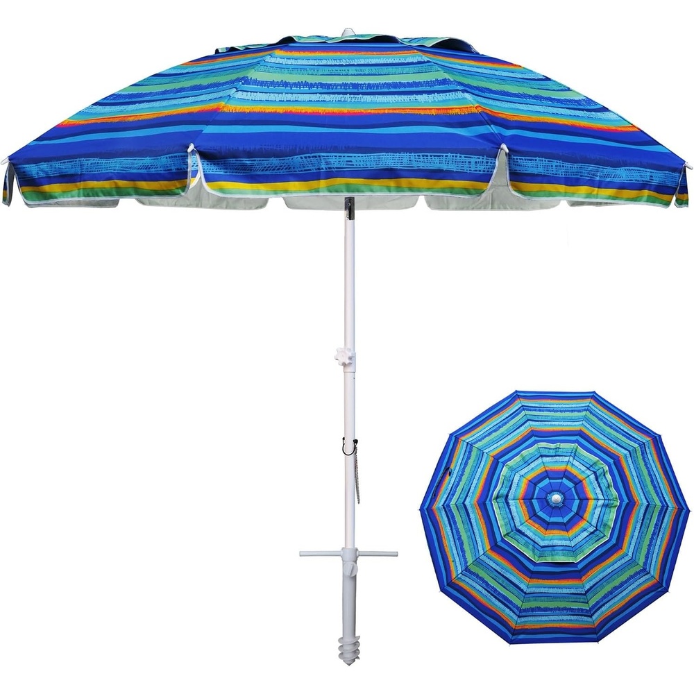 image:imageAMMSUN 8 Feet Large Beach Umbrella with Sand Anchor Heavy Duty High Wind Portable Outdoor Umbrellas UV 50 Protection Air Vent Tilt Patio Garden PoolGreen Stripes