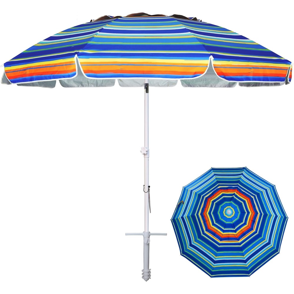 image:imageAMMSUN 8 Feet Large Beach Umbrella with Sand Anchor Heavy Duty High Wind Portable Outdoor Umbrellas UV 50 Protection Air Vent Tilt Patio Garden PoolRed Blue Stripes