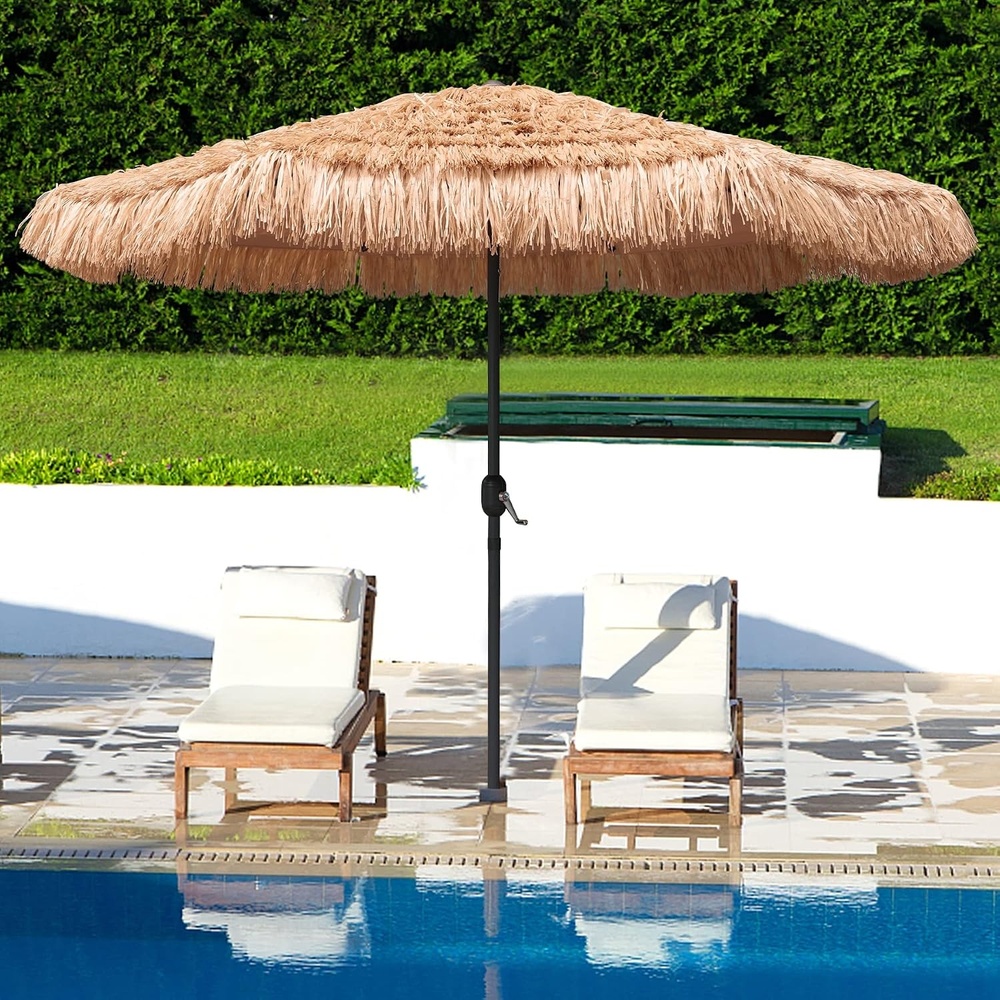 image:imageAMMSUN 9ft Hula Thatched Tiki Umbrella Hawaiian Style Beach Patio Umbrella and 8 Ribs with Crank Lift UPF 50 Outdoor Tiki Bar Tropical Palapa Patio Garden Beach Pool Backyard Natural Color