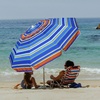 AMMSUN 8 Feet Large Beach Umbrella with Sand Anchor Heavy Duty High Wind Portable Outdoor Umbrellas UV 50+ Protection Air Vent Tilt Patio Garden Pool(Red Blue Stripes)