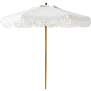 AMMSUN 8.5ft Boho Wood Patio Umbrella Market Umbrellas with Pulley Lift | Luxury Handcrafted Tassel, Heavy Duty Frame with Wood Pole & Ribs, UPF 50+, Air Vent,Premium for Garden, Pool, Beach, Events(Natural Cloud White)