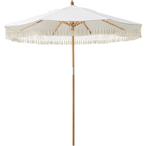 AMMSUN 8.5ft Boho Wood Patio Umbrella Market Umbrellas with Pulley Lift | Luxury Handcrafted Tassel, Heavy Duty Frame with Wood Pole & Ribs, UPF 50+, Air Vent,Premium for Garden, Pool, Beach, Events(Natural White)