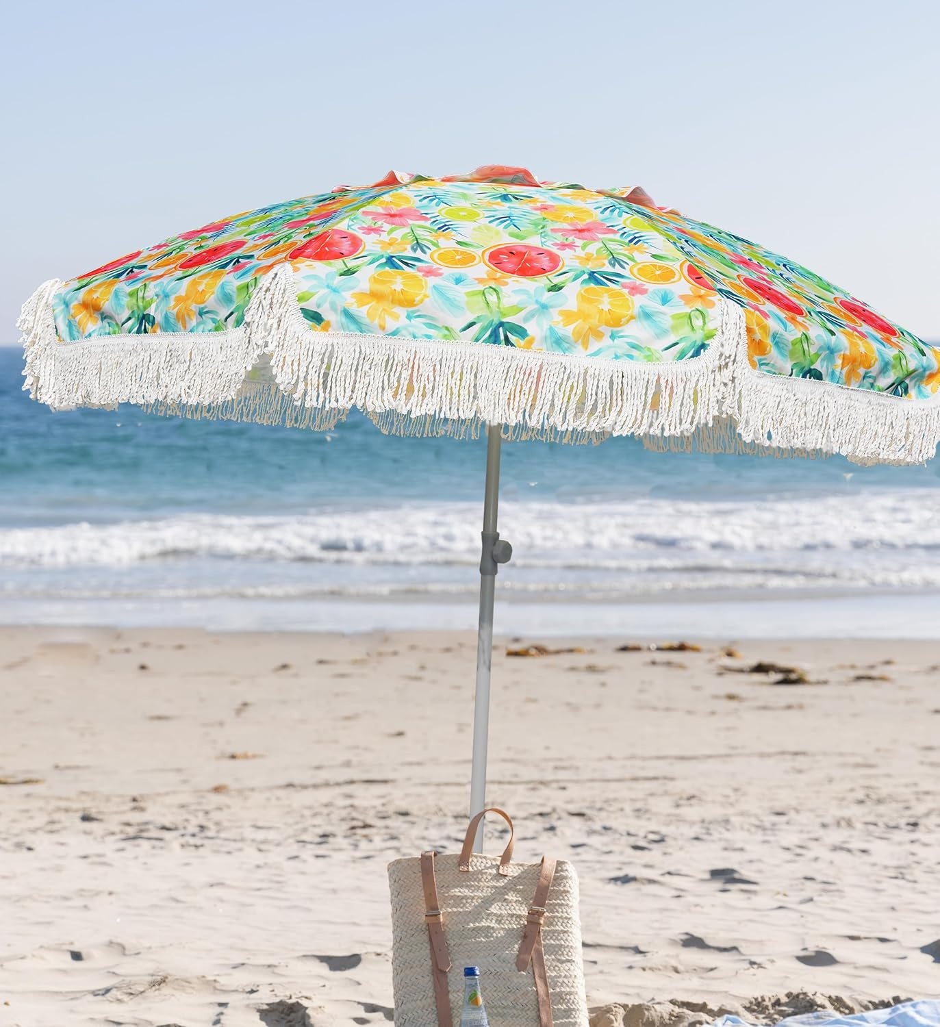 image:imageAMMSUN 65ft Heavy Duty Fringe Beach Umbrella with Sand Anchor Tilt UPF50 WindproofCarry Bag for Patio Garden Pool Backyard Height Adjusting for AllDay Shade Removable Sand AnchorCitrus