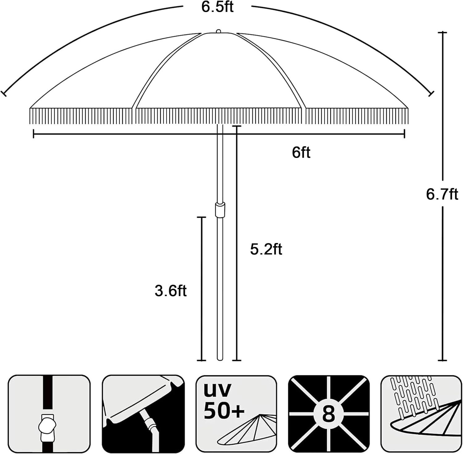 image:imageAMMSUN 65ft Heavy Duty Fringe Beach Umbrella with Sand Anchor Tilt UPF50 WindproofCarry Bag for Patio Garden Pool Backyard Height Adjusting for AllDay Shade Removable Sand AnchorCitrus