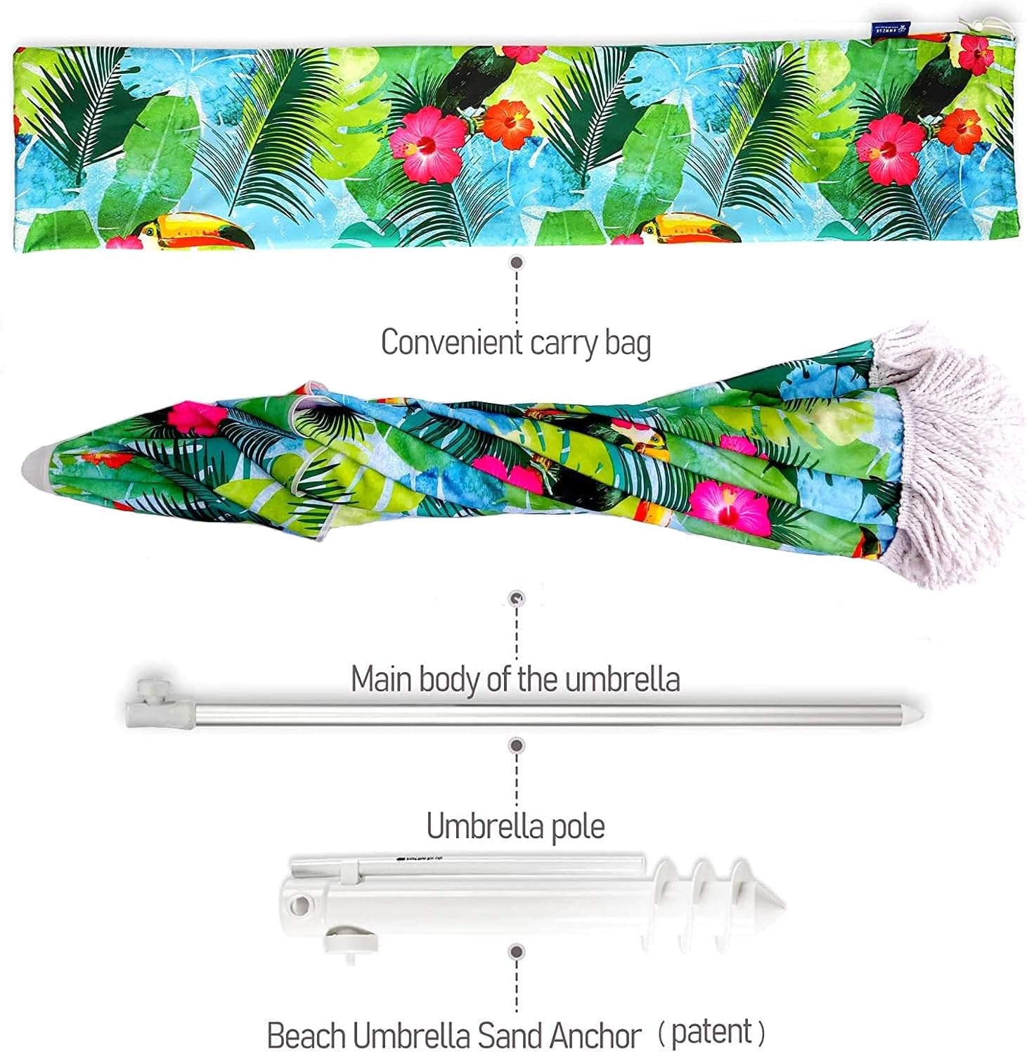 image:imageAMMSUN 65ft Tropical Fringe Beach Umbrella with Sand AnchorTiltAir Vent Heavy Duty High Wind Sun Shade UmbrellasUPF50Portable Carry BagWindprooffor Sand Patio Garden Pool Backyard Outdoors