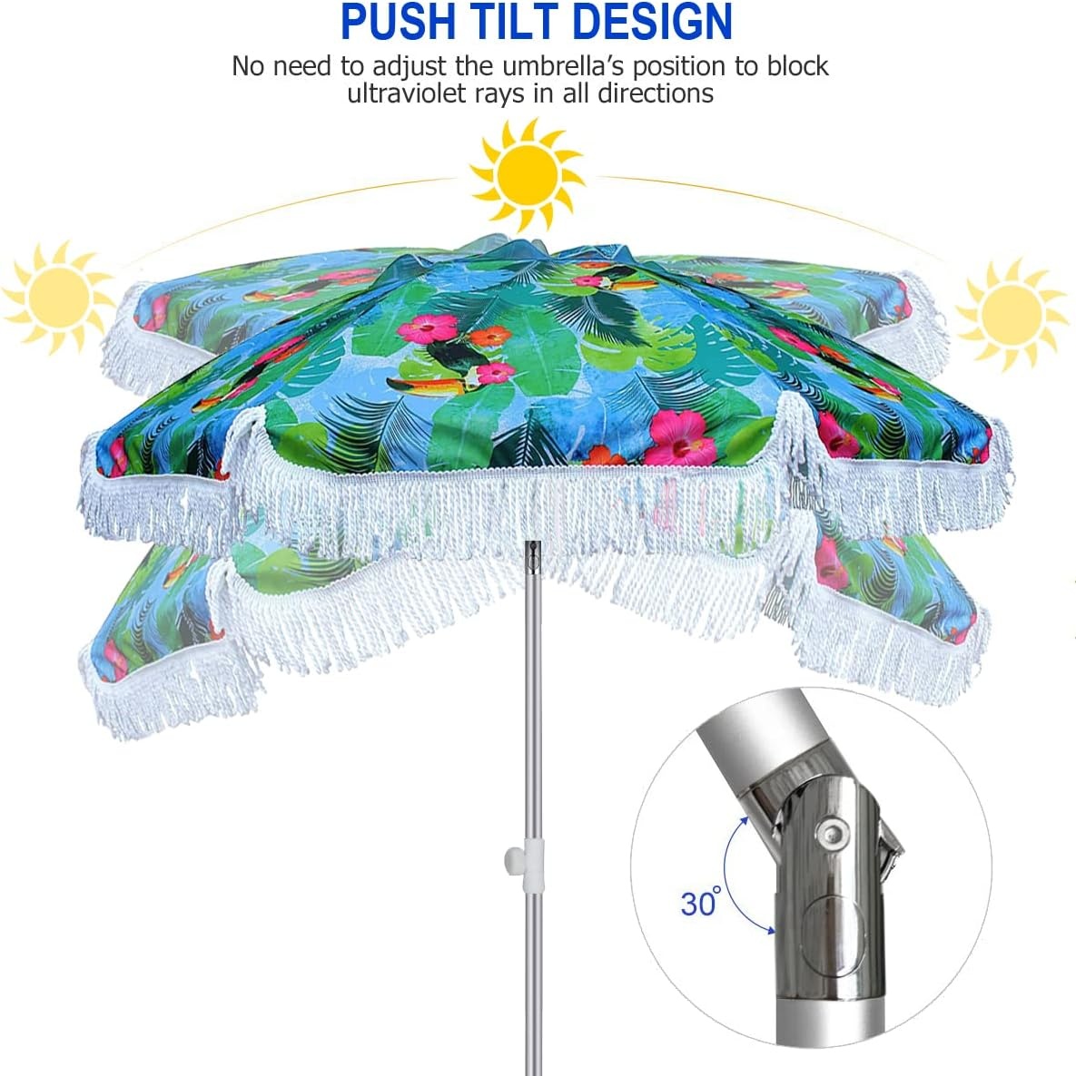 image:imageAMMSUN 65ft Tropical Fringe Beach Umbrella with Sand AnchorTiltAir Vent Heavy Duty High Wind Sun Shade UmbrellasUPF50Portable Carry BagWindprooffor Sand Patio Garden Pool Backyard Outdoors