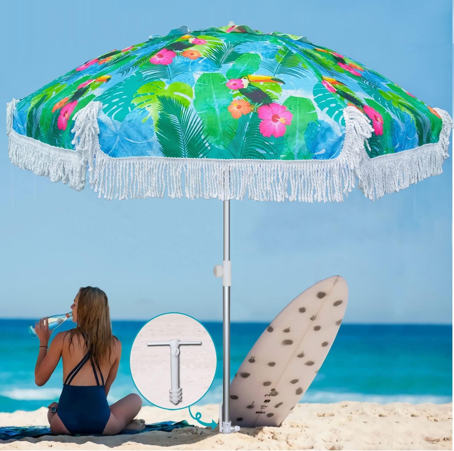 image:imageAMMSUN 65ft Tropical Fringe Beach Umbrella with Sand AnchorTiltAir Vent Heavy Duty High Wind Sun Shade UmbrellasUPF50Portable Carry BagWindprooffor Sand Patio Garden Pool Backyard Outdoors