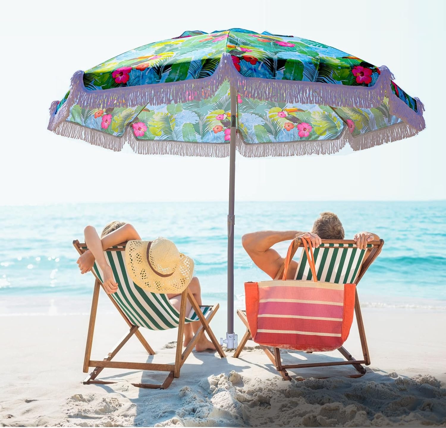 image:imageAMMSUN 65ft Tropical Fringe Beach Umbrella with Sand AnchorTiltAir Vent Heavy Duty High Wind Sun Shade UmbrellasUPF50Portable Carry BagWindprooffor Sand Patio Garden Pool Backyard Outdoors