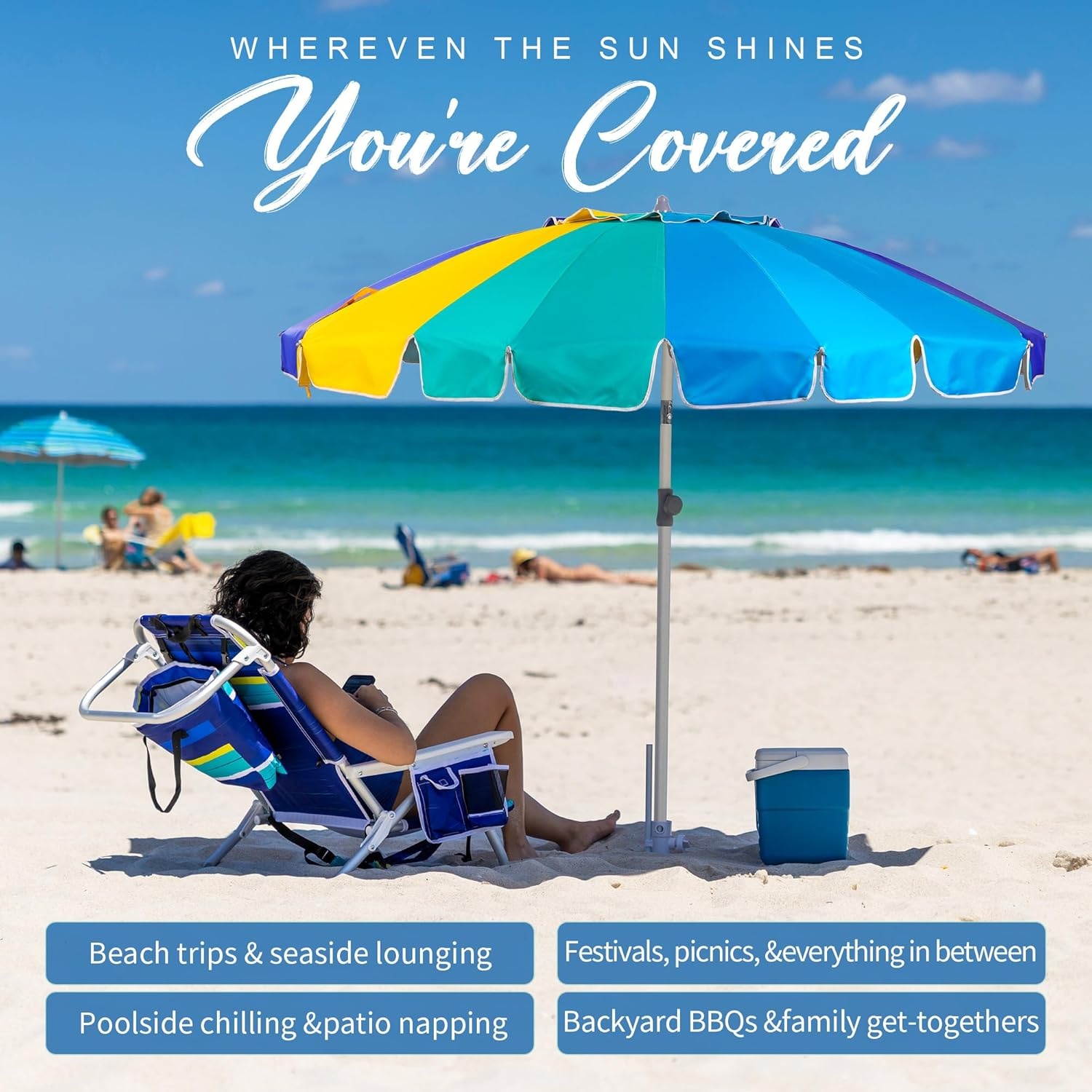 image:imageAMMSUN 75ft Large Heavy Duty HIGH Wind Beach Umbrella with sand anchor amp Tilt Sun Shelter UPF 50 Protection Outdoor Umbrellas Sunshade with Carry Bag for Patio Garden Pool Backyard RainbowCelestial Blue