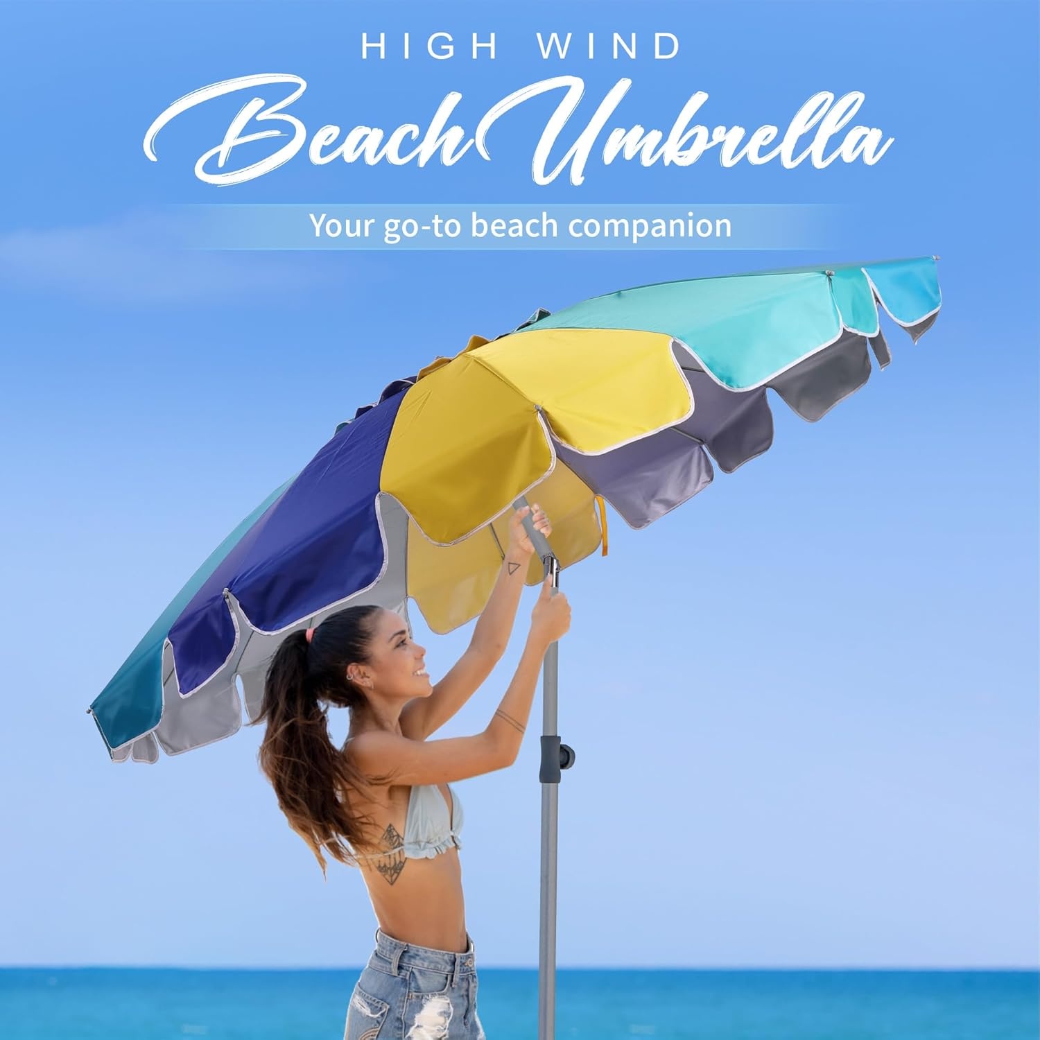 image:imageAMMSUN 75ft Large Heavy Duty HIGH Wind Beach Umbrella with sand anchor amp Tilt Sun Shelter UPF 50 Protection Outdoor Umbrellas Sunshade with Carry Bag for Patio Garden Pool Backyard RainbowCelestial Blue