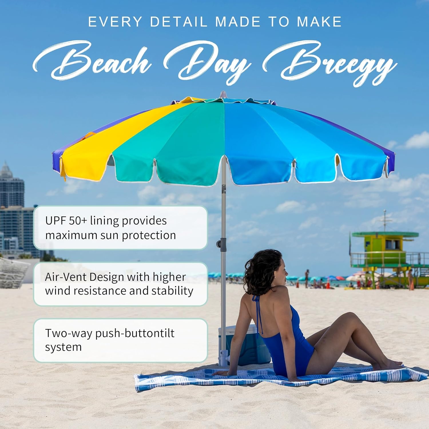 image:imageAMMSUN 75ft Large Heavy Duty HIGH Wind Beach Umbrella with sand anchor amp Tilt Sun Shelter UPF 50 Protection Outdoor Umbrellas Sunshade with Carry Bag for Patio Garden Pool Backyard RainbowCelestial Blue