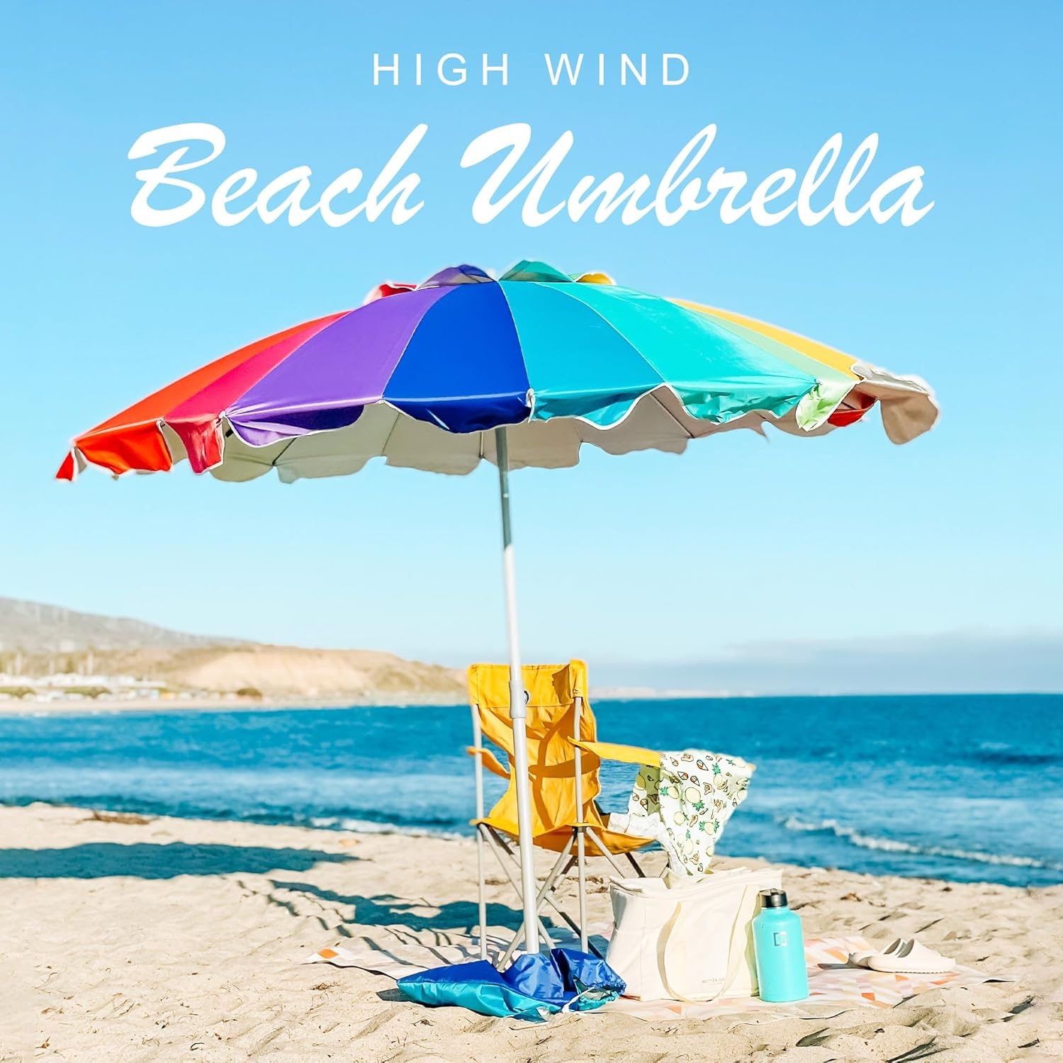 image:imageAMMSUN 75ft Large Heavy Duty HIGH Wind Beach Umbrella with sand anchor amp Tilt Sun Shelter UPF 50 Protection Outdoor Umbrellas Sunshade with Carry Bag for Patio Garden Pool Backyard RainbowRainbow