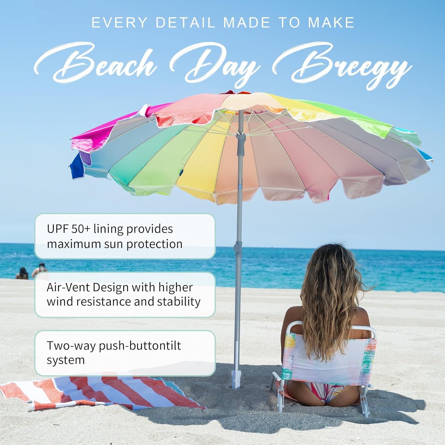 image:imageAMMSUN 75ft Large Heavy Duty HIGH Wind Beach Umbrella with sand anchor amp Tilt Sun Shelter UPF 50 Protection Outdoor Umbrellas Sunshade with Carry Bag for Patio Garden Pool Backyard RainbowRainbow