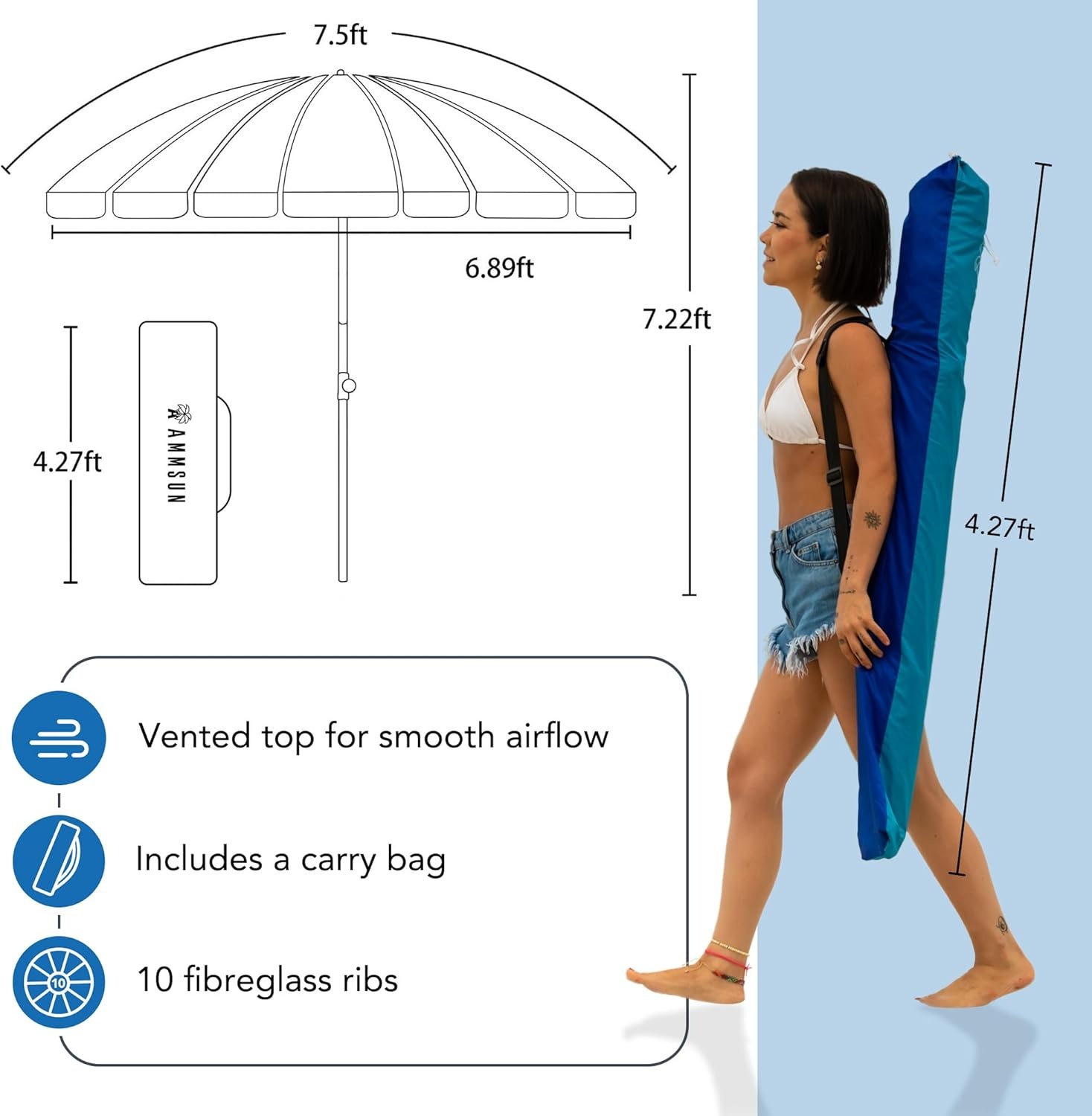 image:imageAMMSUN 75ft Large Heavy Duty HIGH Wind Beach Umbrella with sand anchor amp Tilt Sun Shelter UPF 50 Protection Outdoor Umbrellas Sunshade with Carry Bag for Patio Garden Pool Backyard RainbowRainbow