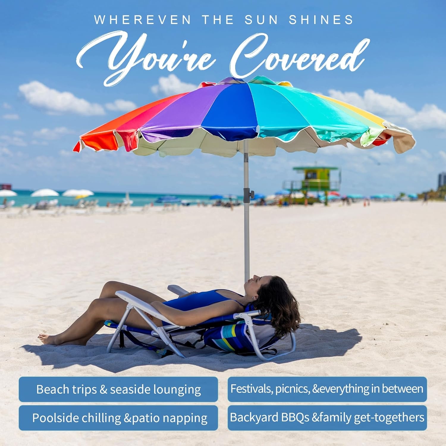 image:imageAMMSUN 75ft Large Heavy Duty HIGH Wind Beach Umbrella with sand anchor amp Tilt Sun Shelter UPF 50 Protection Outdoor Umbrellas Sunshade with Carry Bag for Patio Garden Pool Backyard RainbowRainbow