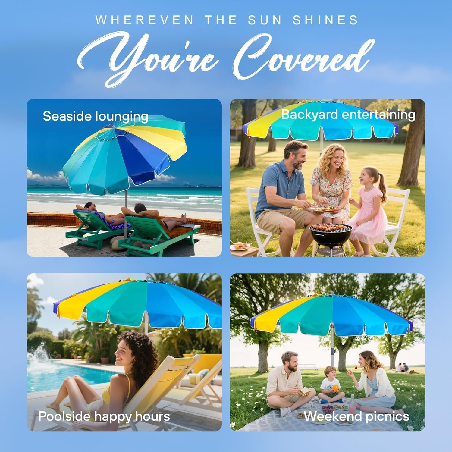 image:imageAMMSUN 75ft Large Heavy Duty HIGH Wind Beach Umbrella with sand anchor amp Tilt Sun Shelter UPF 50 Protection Outdoor Umbrellas Sunshade with Carry Bag for Patio Garden Pool Backyard RainbowCelestial Blue