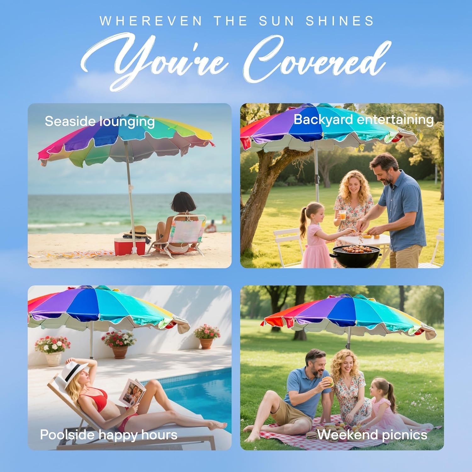 image:imageAMMSUN 75ft Large Heavy Duty HIGH Wind Beach Umbrella with sand anchor amp Tilt Sun Shelter UPF 50 Protection Outdoor Umbrellas Sunshade with Carry Bag for Patio Garden Pool Backyard RainbowRainbow