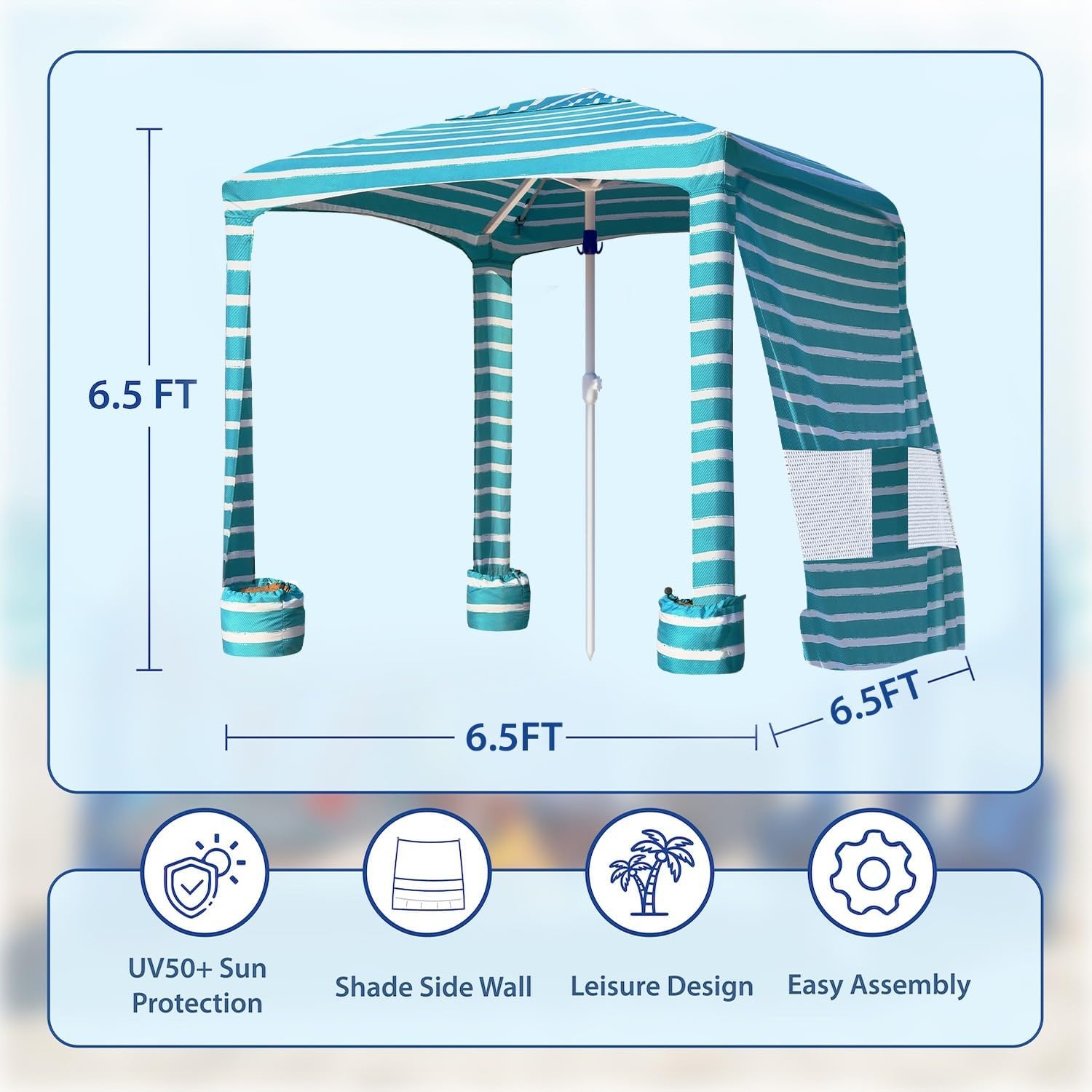 image:imageAMMSUN Beach Cabana 6565 Beach Canopy Easy Set up and Take Down Cabana Tent with Sand Pockets Instant Sun Shade with Side Wall Coral TropicalRoyal Turquoise