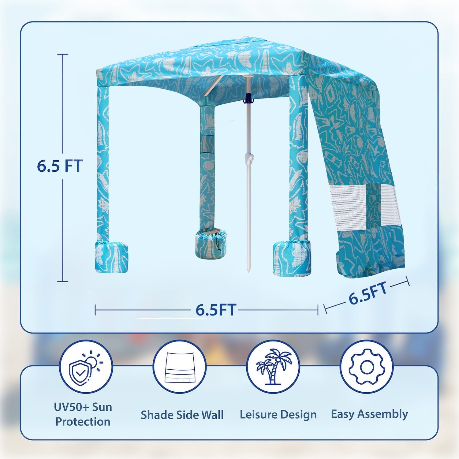 image:imageAMMSUN Beach Cabana 6565 Beach Canopy Easy Set up and Take Down Cabana Tent with Sand Pockets Instant Sun Shade with Side Wall Coral TropicalTropical Aqua